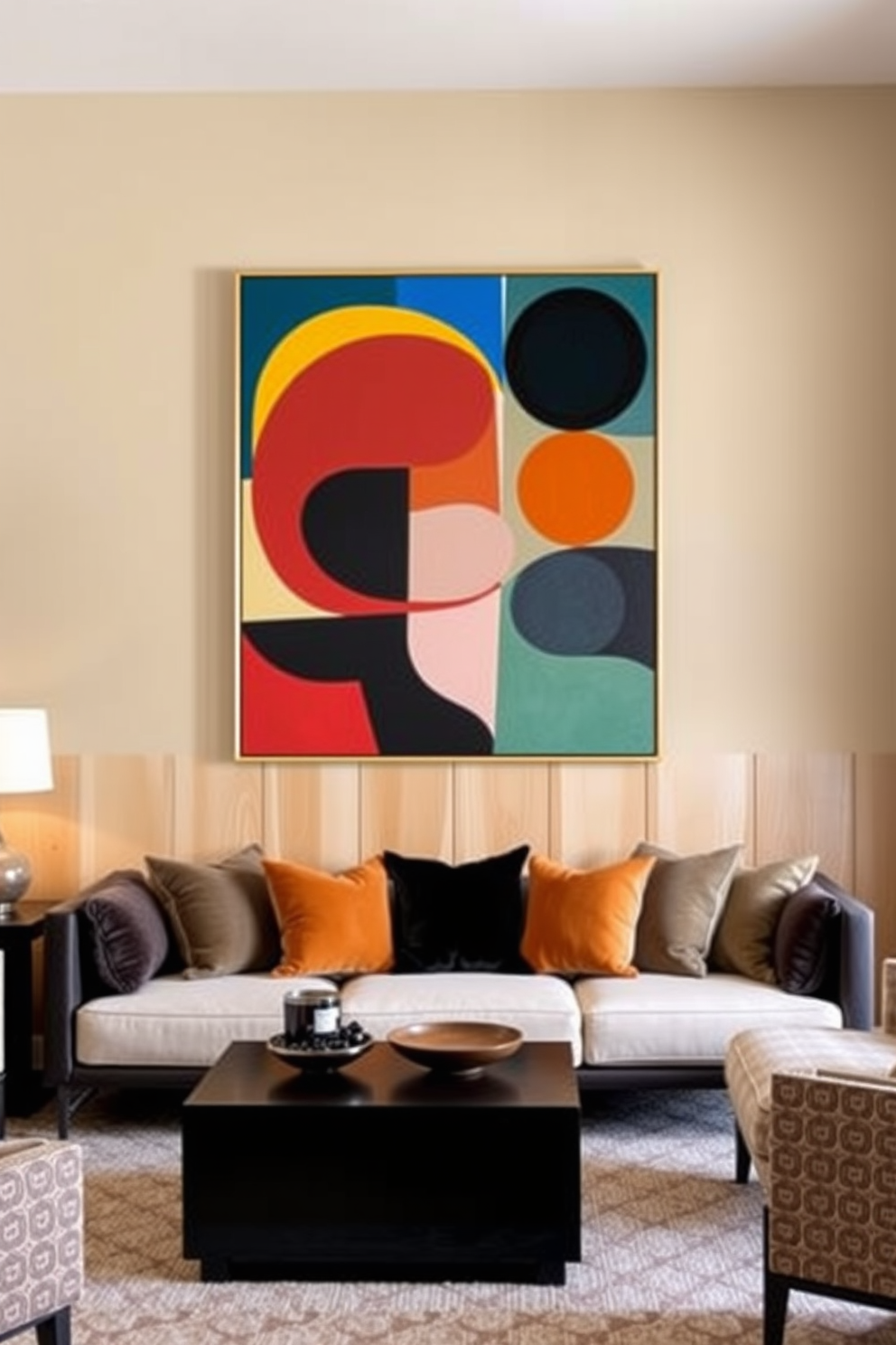 Wall art featuring abstract designs. The artwork showcases bold colors and geometric shapes, creating a focal point above a sleek, minimalist sofa. Mid Century Modern Basement Design Ideas. The space features warm wood paneling, a retro bar cart, and plush seating arranged around a statement coffee table.