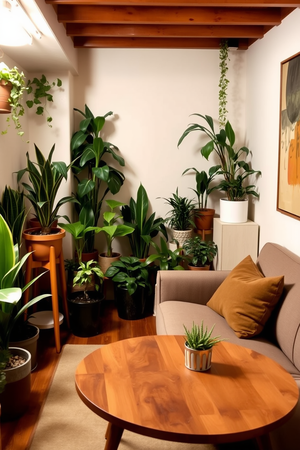 A cozy basement space featuring Mid Century Modern design elements. The room is adorned with various indoor plants in stylish pots, creating a fresh and vibrant atmosphere. The furniture includes a sleek, low-profile sofa with tapered wooden legs and a round coffee table made of walnut. A large, abstract art piece hangs on the wall, complementing the earthy tones of the decor.