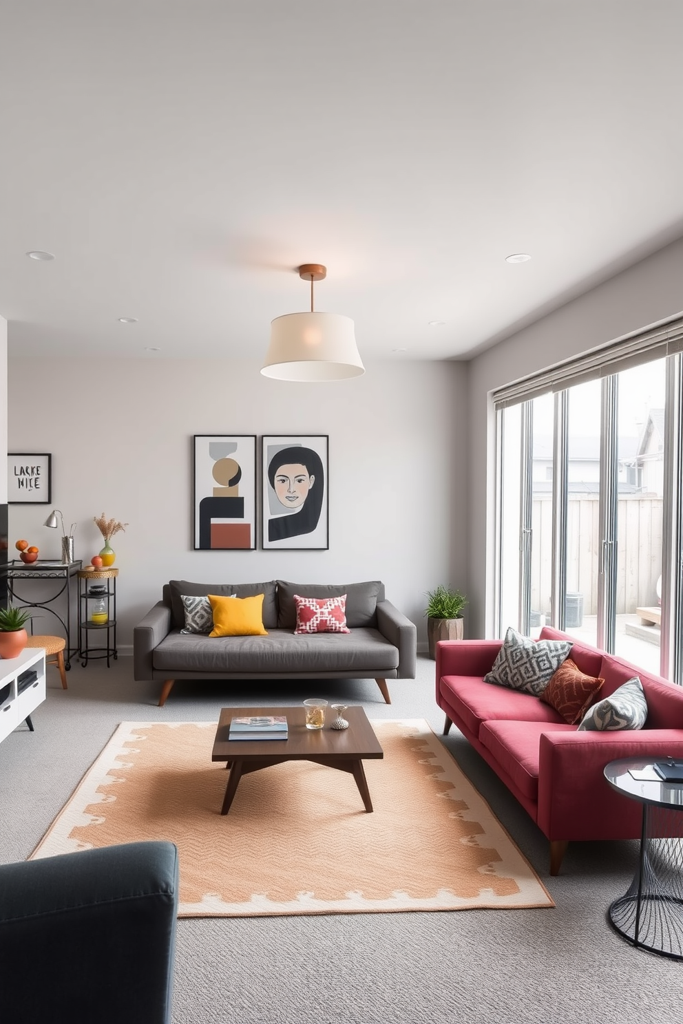 A cozy living room featuring a sleek sofa that converts into a bed, paired with a stylish coffee table that doubles as storage. The walls are adorned with minimalist art, and a large area rug anchors the space, creating a warm and inviting atmosphere. A chic basement designed in Mid Century Modern style, showcasing a low-profile sectional sofa with bold colors and geometric patterns. The space includes a vintage bar cart and a statement light fixture that adds character, while large windows provide ample natural light.