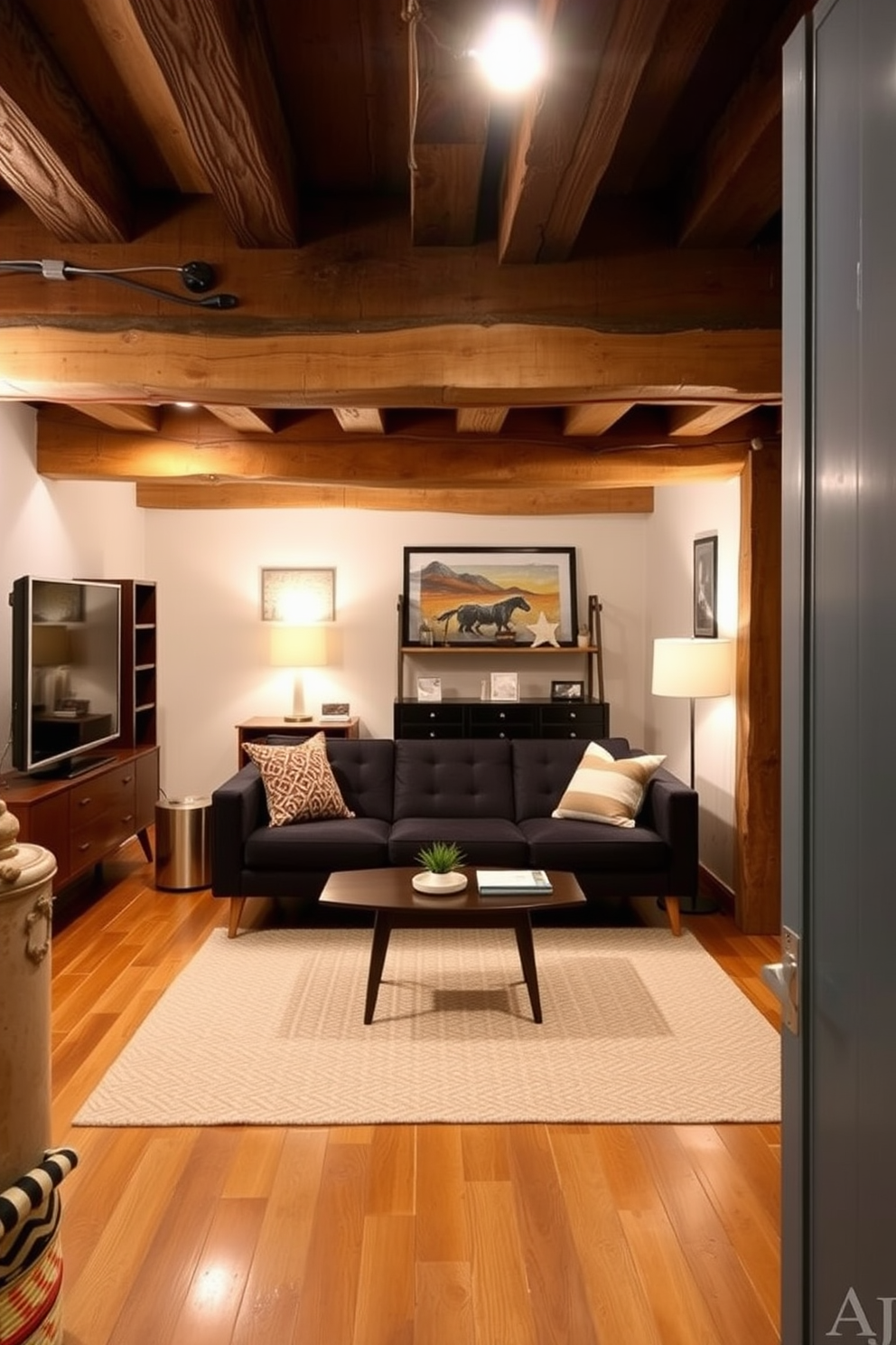 A cozy basement space featuring exposed wooden beams that add rustic charm to the overall design. The room is furnished with a sleek Mid Century Modern sofa and a stylish coffee table, creating an inviting atmosphere for relaxation and entertainment.