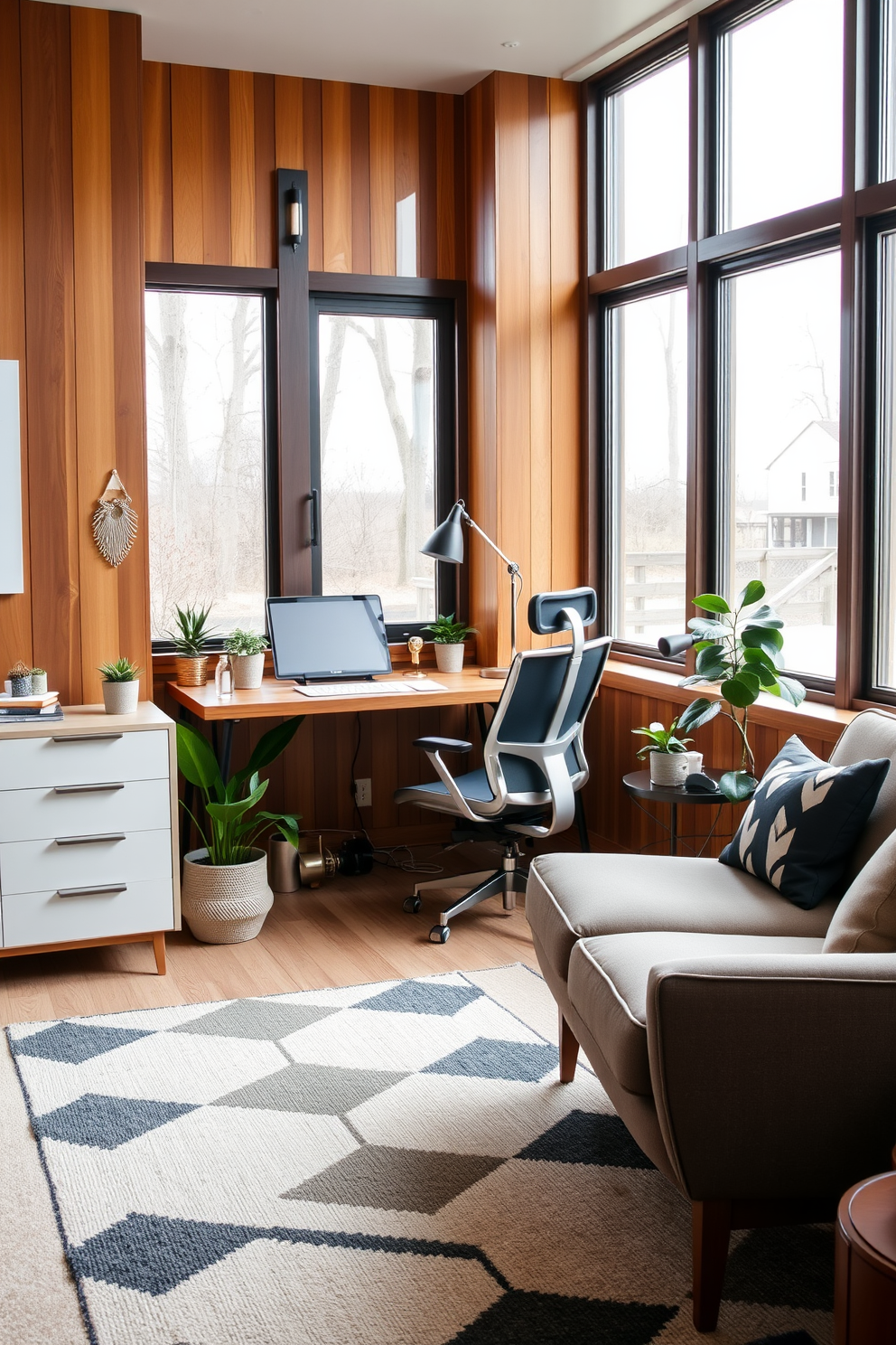 A stylish home office nook in the corner features a sleek walnut desk paired with a comfortable ergonomic chair. Large windows provide ample natural light, illuminating the space adorned with potted plants and minimalist decor. The Mid Century Modern basement design incorporates warm wood paneling and retro furniture pieces. A cozy seating area with a vintage sofa and a geometric rug creates an inviting atmosphere for relaxation and productivity.