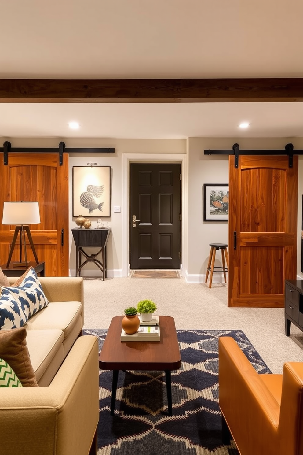 A stylish basement featuring sliding barn doors that enhance space efficiency while adding a rustic charm. The design incorporates Mid Century Modern elements with sleek furniture, warm wood tones, and bold geometric patterns.