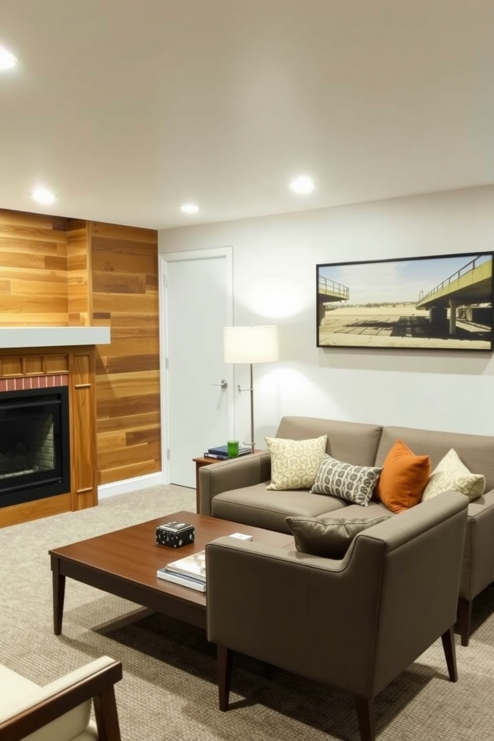 A stylish basement retreat featuring bold geometric patterns on the walls that create a striking visual impact. The space is furnished with Mid Century Modern furniture, including a sleek sofa and a statement coffee table, all arranged to promote relaxation and conversation.