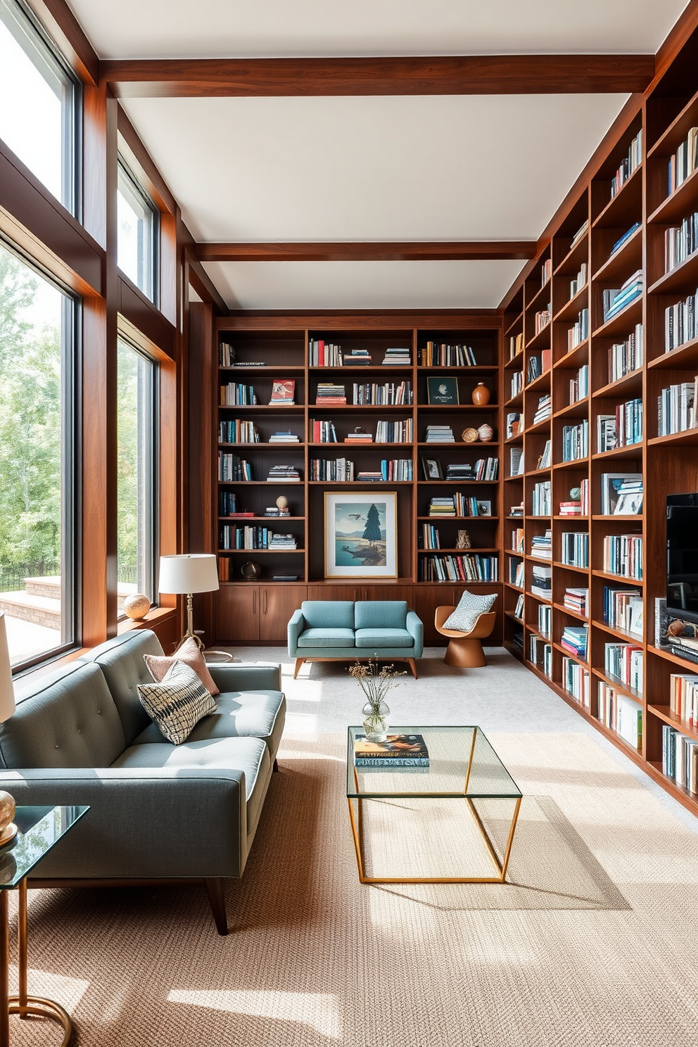 A spacious basement featuring floor-to-ceiling bookshelves made of rich walnut wood, providing ample storage and a warm atmosphere. The shelves are filled with an eclectic mix of books and decorative items, creating an inviting reading nook. The design incorporates sleek Mid Century Modern furniture, including a low-profile sofa in a muted teal fabric and a geometric coffee table made of glass and brass. Large windows allow natural light to flood the space, enhancing the overall aesthetic and creating a cozy retreat.