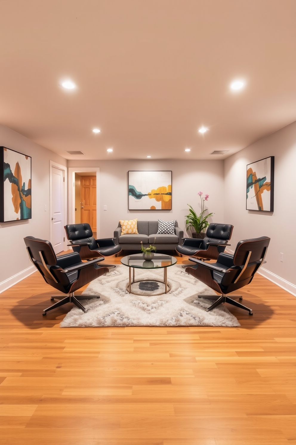 A stylish basement featuring classic Eames chairs arranged around a sleek coffee table. The walls are adorned with abstract art, and the flooring is a warm hardwood that complements the modern aesthetic. The lighting is soft and inviting, with recessed fixtures highlighting the seating area. A plush area rug anchors the space, adding texture and comfort to the Mid Century Modern design.