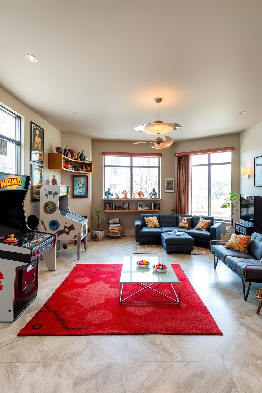 A retro games area with nostalgic decor featuring vintage arcade machines and a classic pinball machine. The walls are adorned with posters of iconic video games and shelves filled with collectible figurines. Mid Century Modern basement design ideas showcasing a spacious lounge area with a sleek sectional sofa and a low-profile coffee table. Large windows allow natural light to flood the space, complemented by a bold area rug and sculptural lighting fixtures.