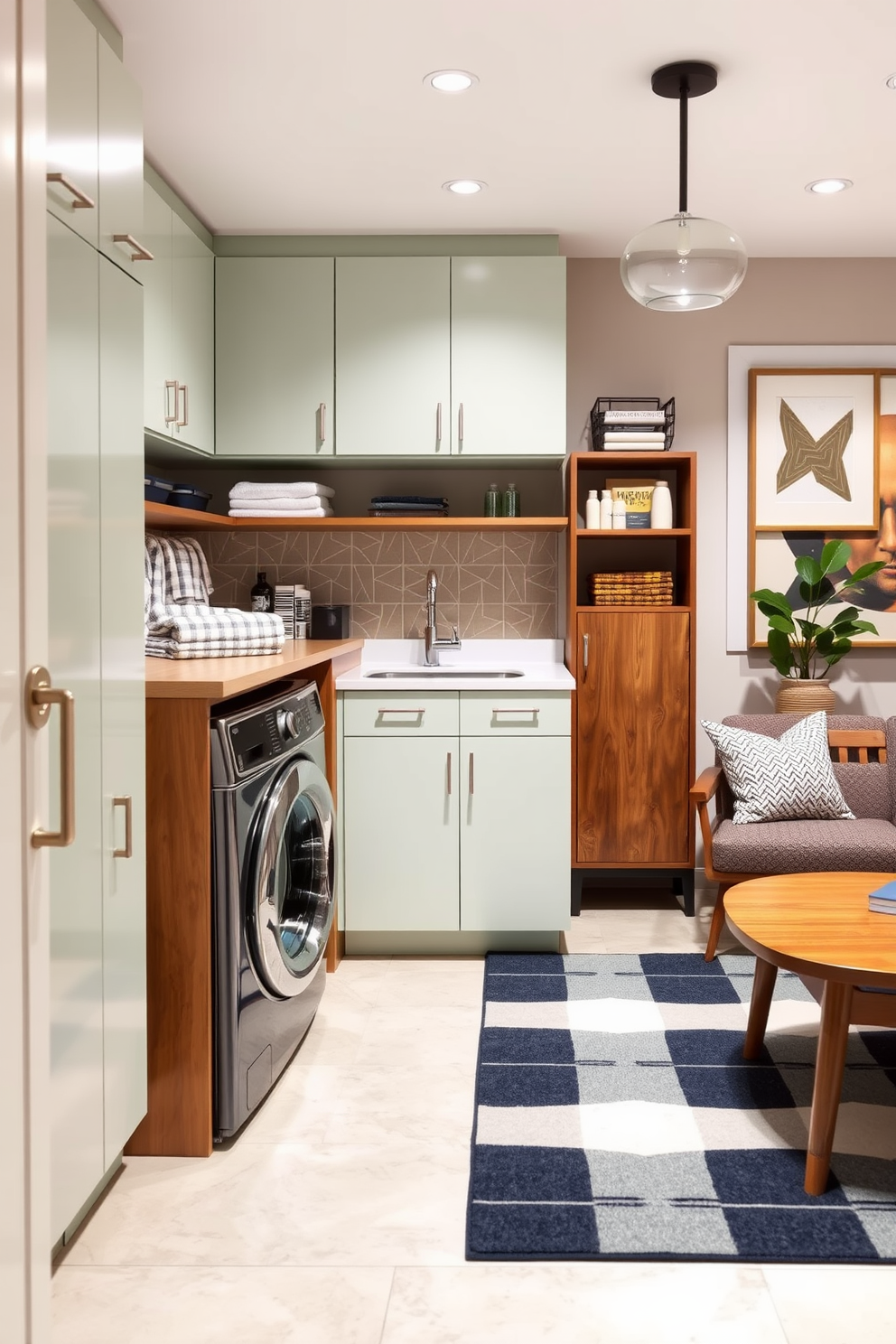 Functional laundry space with style. The room features sleek cabinetry in a soft pastel color, with a countertop for folding clothes and an integrated sink for convenience. Mid Century Modern basement design ideas. The space is adorned with geometric patterns, rich wood tones, and vintage-inspired furniture, creating a cozy yet stylish atmosphere.