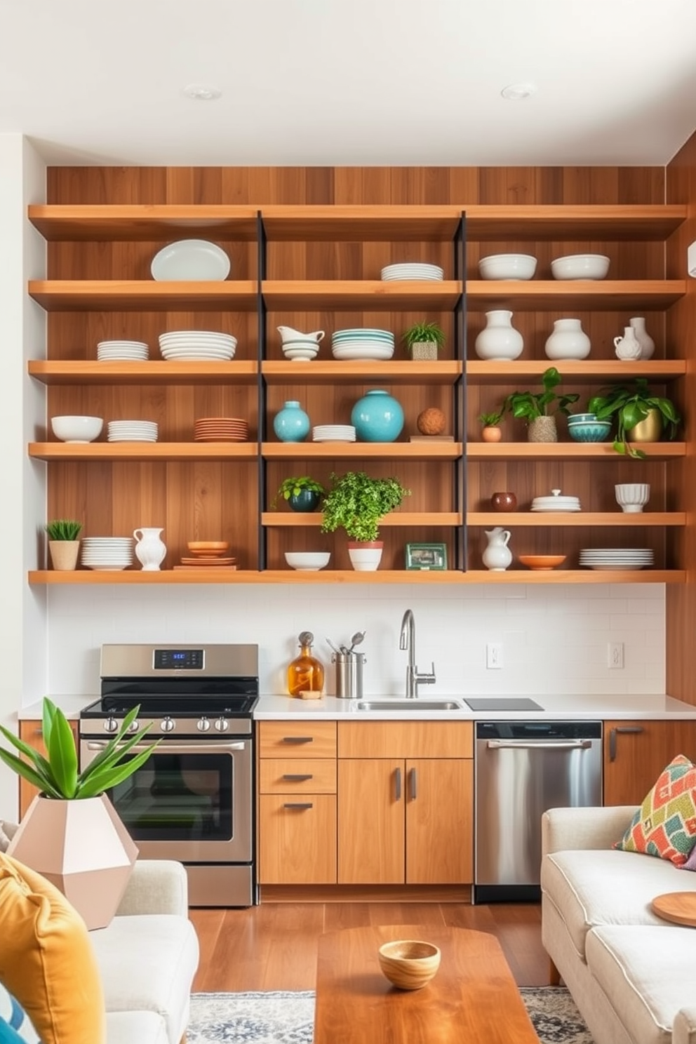 Open shelving in the kitchen area creates a spacious and airy feel while showcasing decorative dishware and plants. The shelves are made of natural wood and are complemented by sleek stainless steel appliances and a white subway tile backsplash. Mid Century Modern basement design ideas incorporate clean lines and organic shapes to create a cozy yet stylish retreat. Rich wood paneling, geometric furniture, and vibrant accent colors enhance the inviting atmosphere of the space.