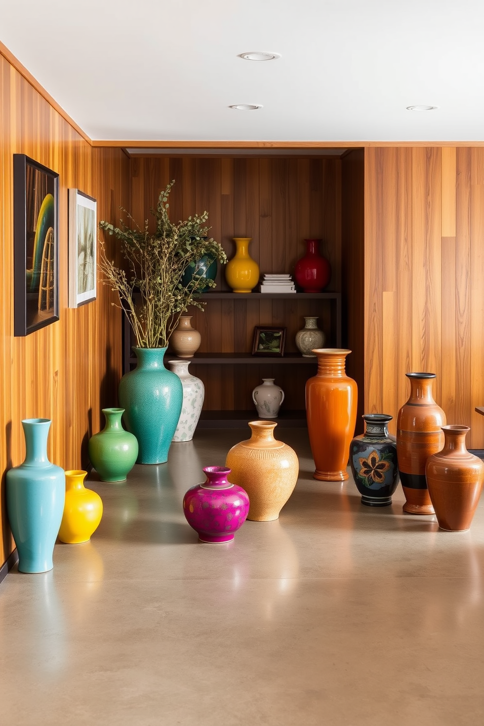 A stylish Mid Century Modern basement features colorful ceramic vases as decor scattered throughout the space. The walls are adorned with warm wood paneling, and the flooring showcases a sleek concrete finish that complements the vibrant vases.