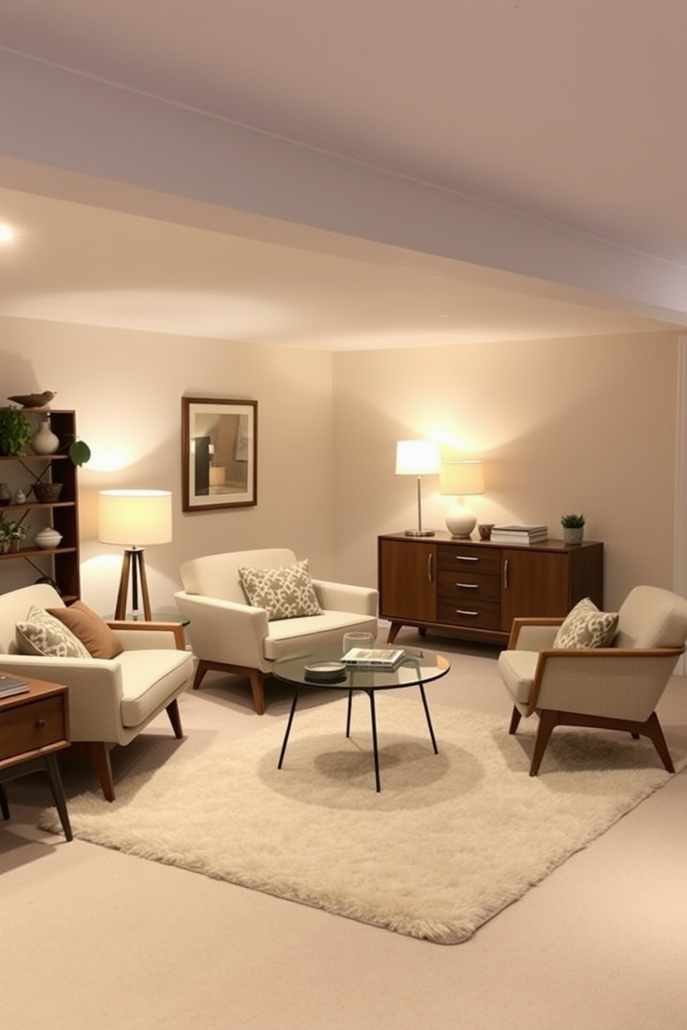 A cozy basement space featuring soft lighting with vintage lamps that create a warm and inviting atmosphere. The design incorporates Mid Century Modern furniture with clean lines and organic shapes, complemented by a plush area rug and stylish wall art.