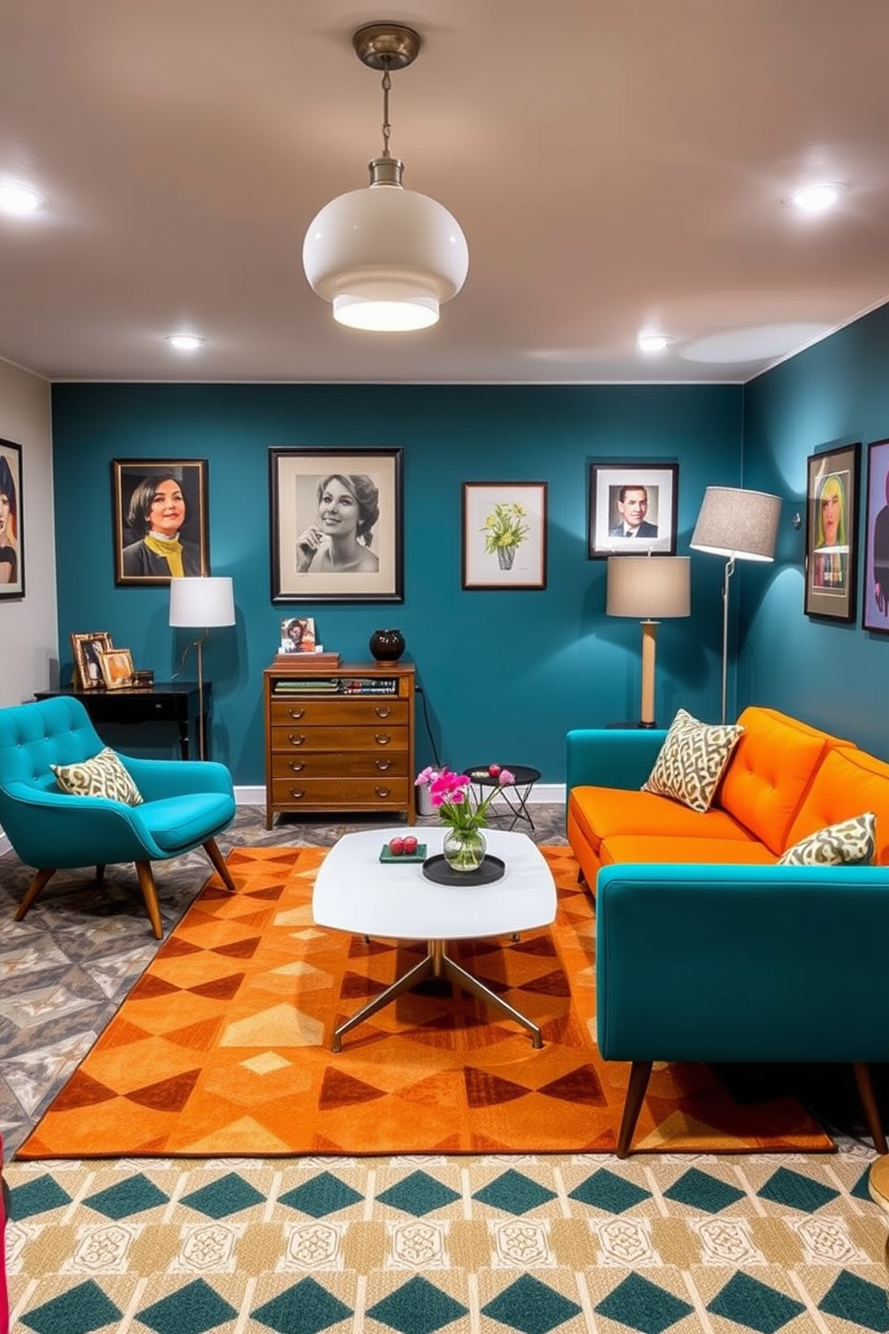 A stylish basement featuring retro furniture in bold colors. The space includes a vibrant orange couch paired with a teal armchair, complemented by a geometric patterned area rug. The walls are adorned with vintage artwork and the lighting fixtures showcase a mix of pendant lights and floor lamps. A sleek coffee table sits in the center, surrounded by eclectic decor that enhances the Mid Century Modern aesthetic.