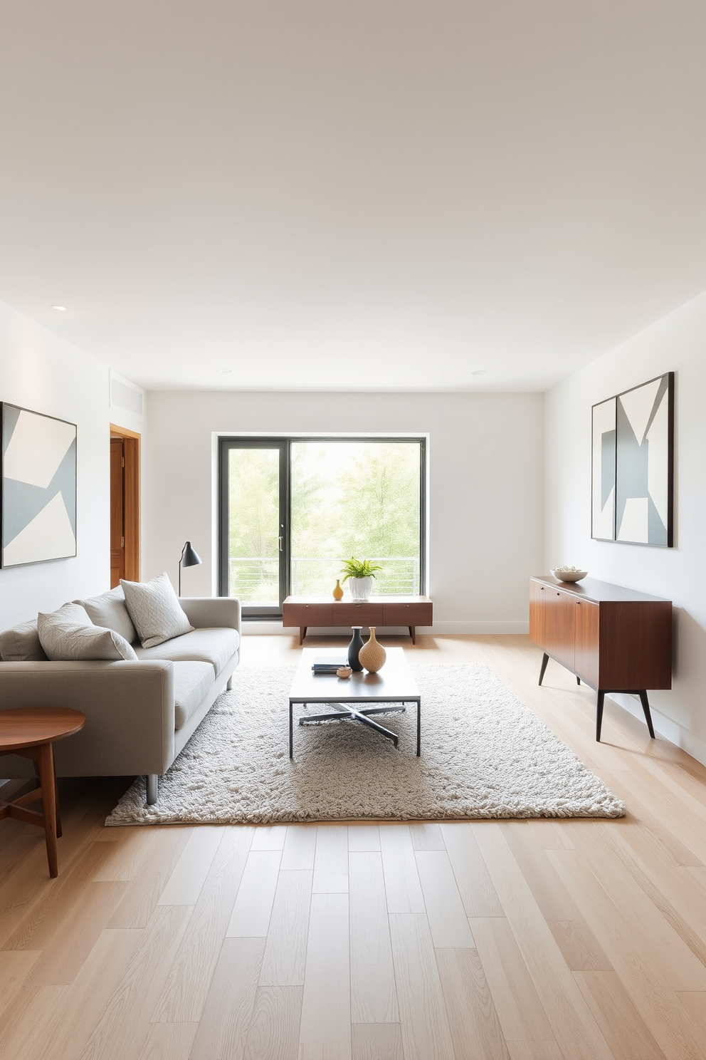 A minimalist basement design featuring clean lines and a neutral color palette. The space includes a low-profile sectional sofa, a sleek coffee table, and large windows that allow natural light to flood the room. Incorporate Mid Century Modern elements with a retro sideboard and geometric artwork on the walls. The flooring is a light wood, complemented by a plush area rug that adds warmth to the overall aesthetic.