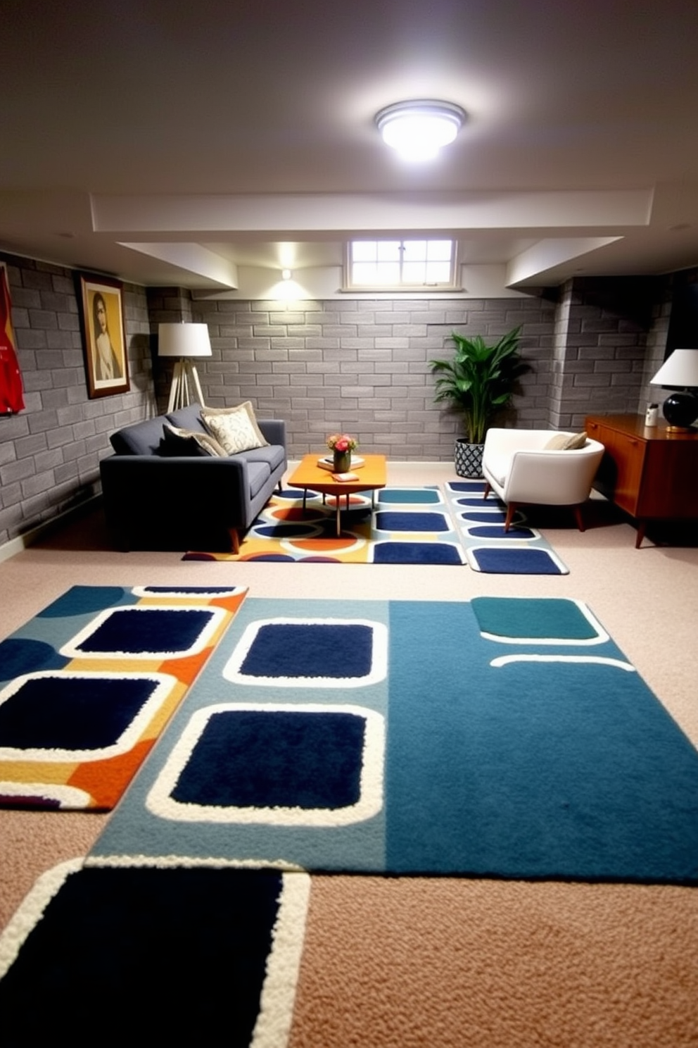 A stylish Mid Century Modern basement featuring geometric patterned area rugs that add a pop of color and texture to the space. The room is furnished with sleek furniture pieces, including a low-profile sofa and a vintage coffee table, creating a cozy yet sophisticated atmosphere.