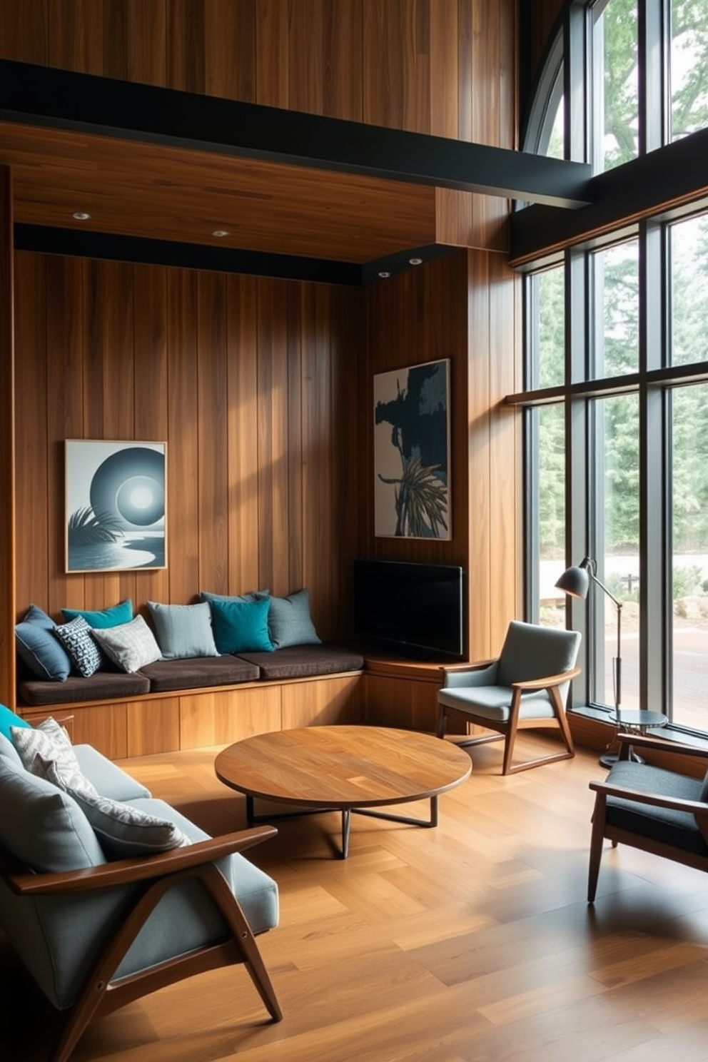 A spacious basement featuring large windows that allow ample natural light to flood the space. The design incorporates Mid Century Modern elements with sleek furniture, warm wood tones, and geometric patterns.