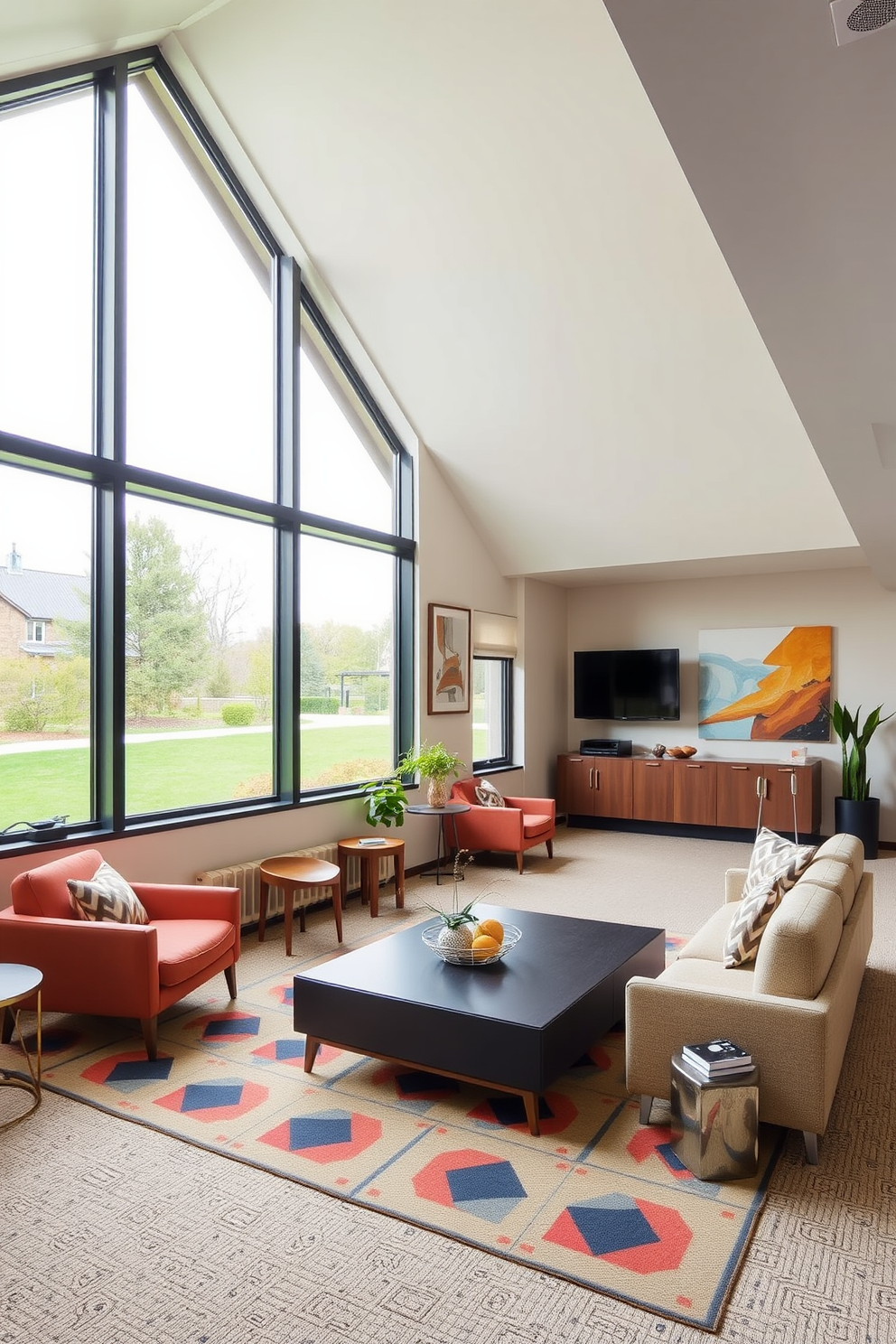 A spacious basement designed in Mid Century Modern style features large windows that allow natural light to flood the space. The room is furnished with sleek, low-profile furniture and accented with vibrant geometric patterns.