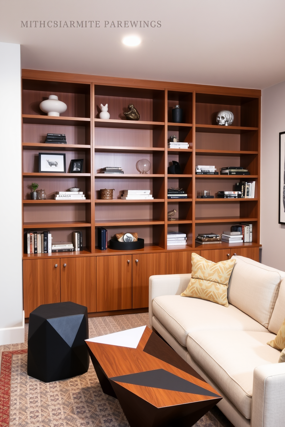 A sleek basement designed in Mid Century Modern style features built-in shelving units that blend seamlessly with the space. The shelves are crafted from rich walnut wood, showcasing an array of books and decorative items against a backdrop of warm earth tones.