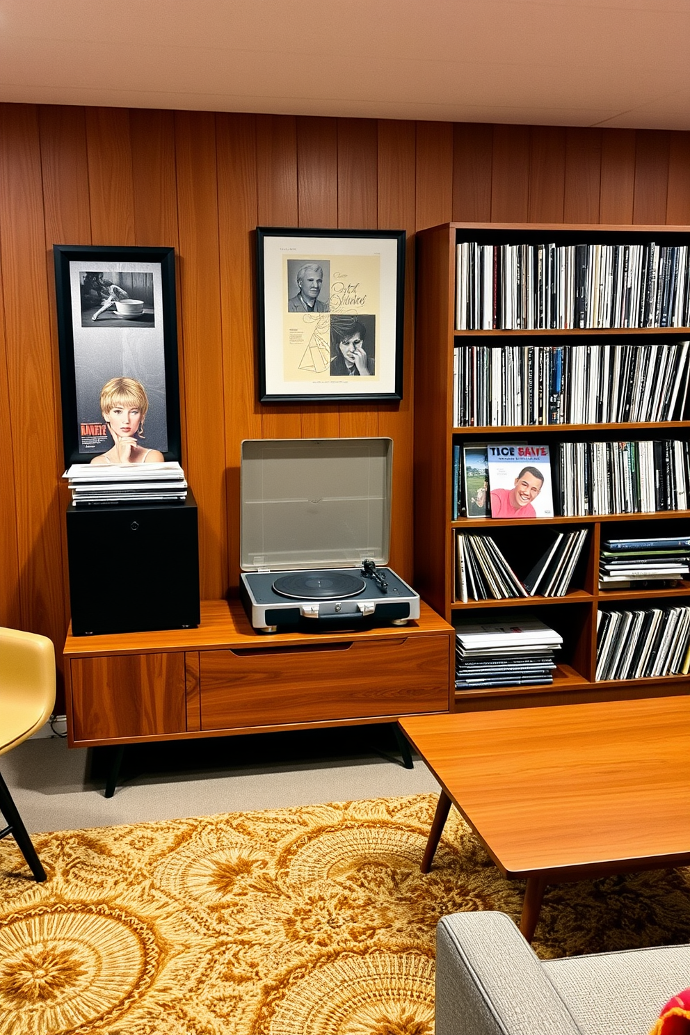 A cozy basement space featuring a vintage record player prominently displayed on a sleek wooden console table. Surrounding the player is an extensive vinyl collection neatly organized on open shelves, adding a nostalgic touch to the room. The design incorporates Mid Century Modern elements with a rich wood paneling accent wall and a plush area rug in warm tones. Comfortable seating with retro-inspired chairs and a low-profile coffee table complete the inviting atmosphere.