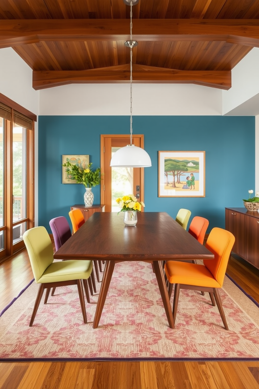 A Mid Century Modern dining room features a neutral color palette complemented by warm wood accents. The dining table is a sleek rectangular design made of rich walnut, surrounded by iconic molded chairs in soft beige upholstery. A statement light fixture hangs above the table, casting a warm glow over the space. The walls are adorned with abstract art pieces in muted tones, adding an artistic flair to the room.