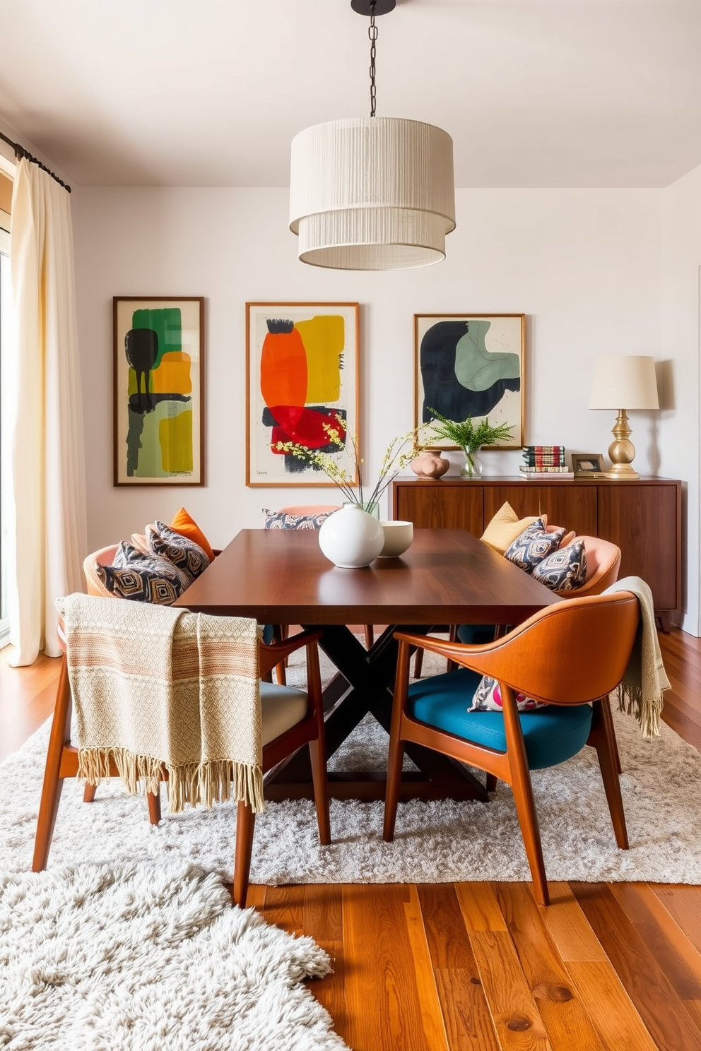 A Mid Century Modern dining room featuring a large wooden dining table surrounded by vibrant upholstered chairs. The room is filled with various indoor plants positioned strategically to enhance the ambiance, creating a lively and inviting atmosphere. The walls are painted in a warm neutral tone, complemented by a geometric patterned area rug underneath the table. A statement chandelier hangs above, casting a soft glow over the space while accentuating the natural greenery throughout the room.