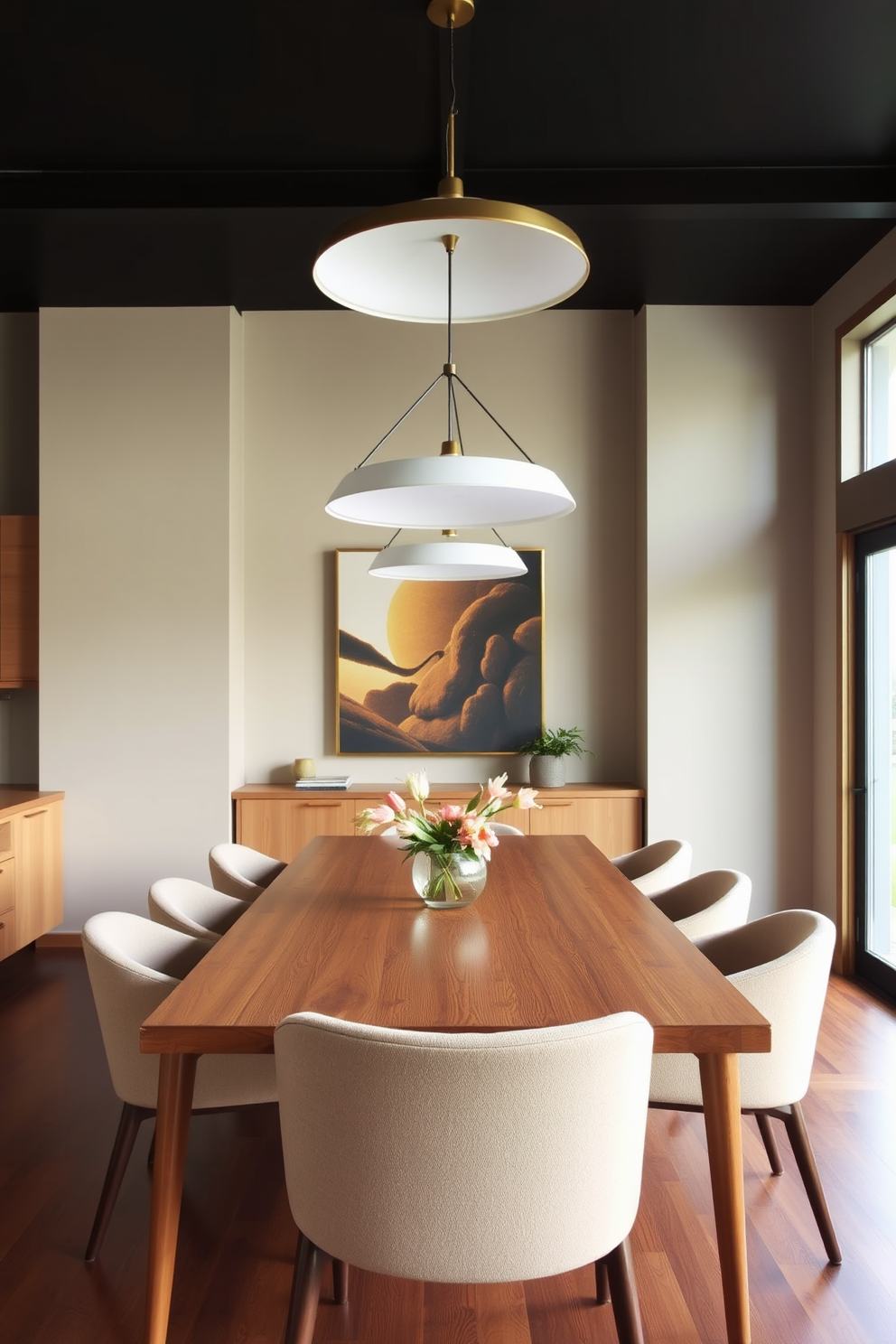 A round dining table is the centerpiece of the room, surrounded by stylish upholstered chairs that invite conversation. The walls are adorned with abstract art, and a statement light fixture hangs above the table, casting a warm glow. The floor features rich hardwood, complementing the mid-century modern aesthetic with its clean lines and organic shapes. Large windows allow natural light to flood the space, enhancing the inviting atmosphere of intimate gatherings.