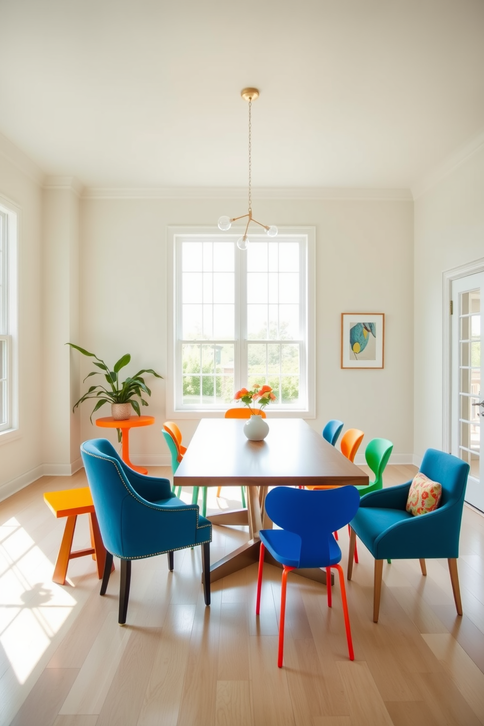 A bright and airy dining room featuring neutral walls that create a calming backdrop. The space is filled with vibrant furniture pieces, including a bold blue velvet dining chair and a striking orange accent table. A sleek wooden dining table sits at the center, surrounded by colorful chairs that add a playful touch. Large windows allow natural light to flood the room, enhancing the lively atmosphere and showcasing the unique decor elements.