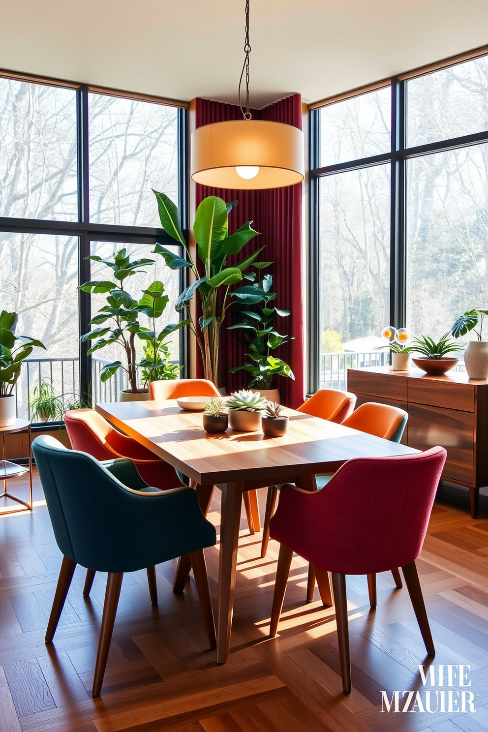 A Mid Century Modern dining room features a sleek wooden dining table surrounded by colorful upholstered chairs. The space is illuminated by layered lighting, including a stylish floor lamp in the corner and elegant table lamps on the sideboard.