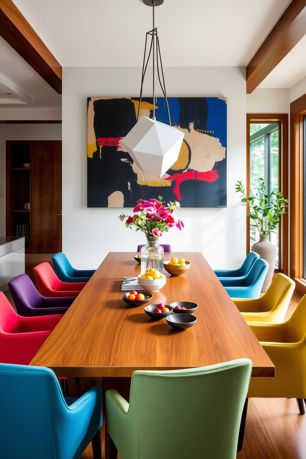 A stunning dining room features a sleek wooden table as the centerpiece surrounded by upholstered chairs in vibrant colors. Above the table, a sculptural pendant light adds an artistic touch, while a bold abstract painting adorns the wall. Incorporate unique centerpieces such as a geometric vase filled with seasonal flowers or a collection of artisanal bowls displaying fresh fruits. The room is accented with warm wood tones, and large windows bring in natural light, enhancing the inviting atmosphere.