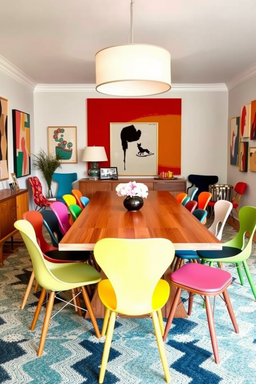 A vibrant dining room filled with mismatched dining chairs in various colors and patterns. The table is a sleek wood finish, surrounded by an array of unique chair designs that add character and charm to the space. The walls are adorned with abstract art pieces that reflect the eclectic theme. A large pendant light hangs above the table, providing warm illumination that enhances the Mid Century Modern aesthetic.