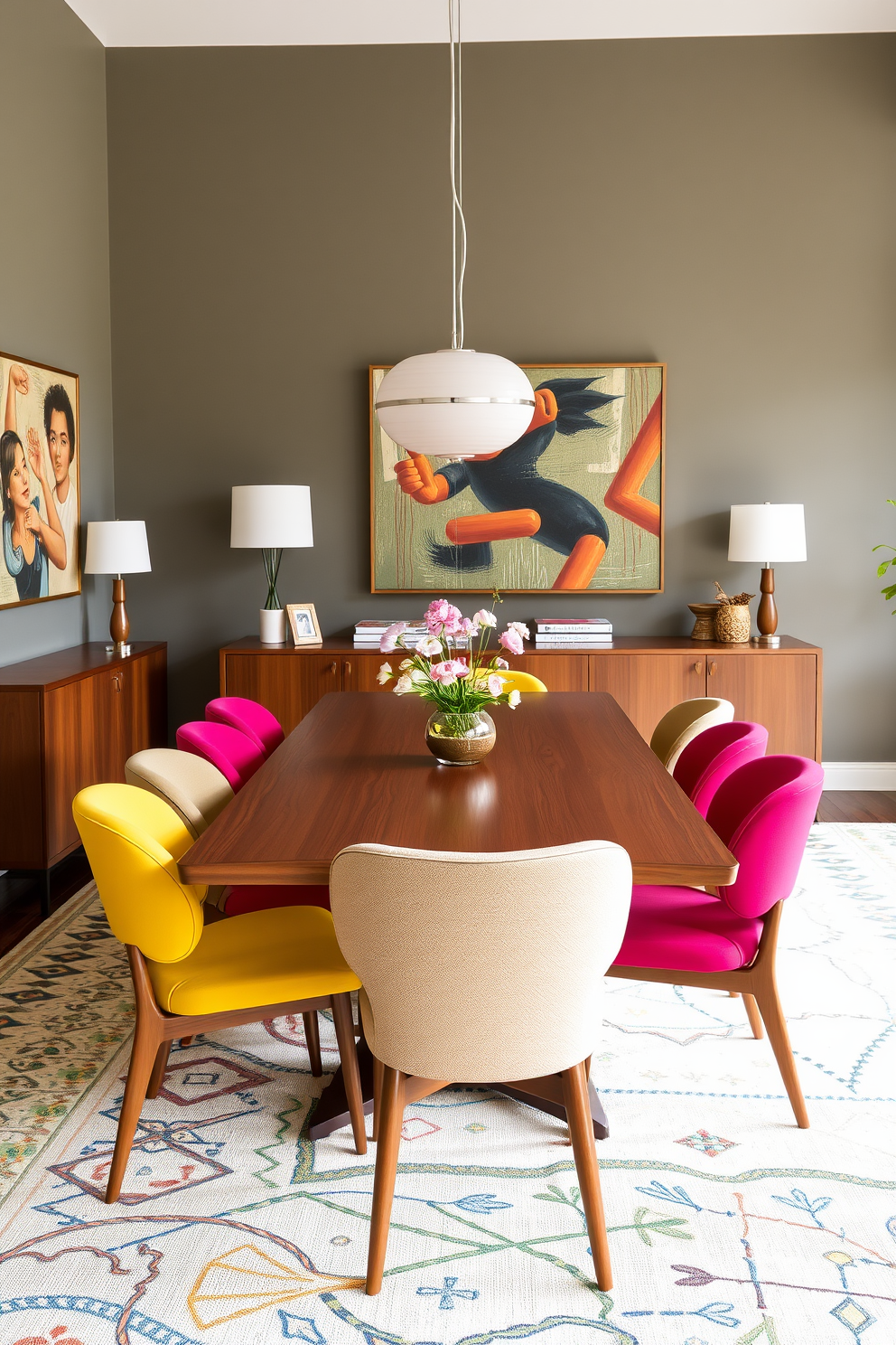 A vibrant dining room featuring a long wooden table set for a meal. The table is adorned with colorful dinnerware and bright floral arrangements, creating a lively atmosphere. The chairs are upholstered in rich fabrics with geometric patterns, reflecting Mid Century Modern aesthetics. Large windows allow natural light to flood the space, enhancing the bold color palette throughout the room.