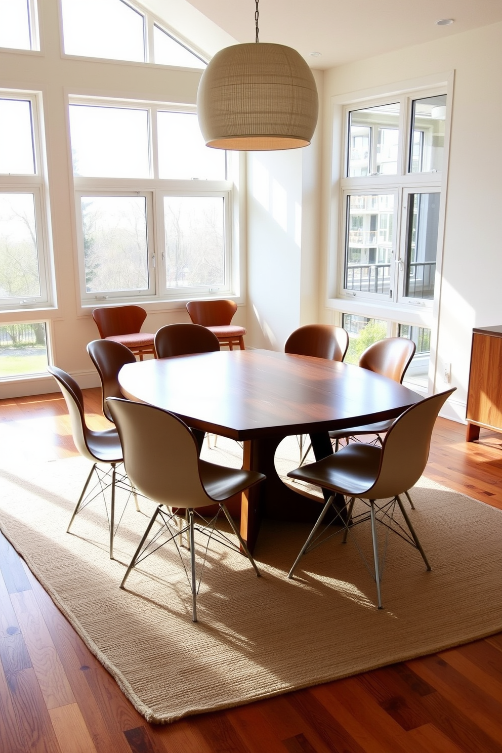 Classic Eames chairs are arranged around a polished walnut dining table, creating a warm and inviting atmosphere. The room features large windows that allow natural light to flood in, highlighting the rich textures of the wooden flooring and the soft beige area rug underneath. The walls are painted in a soft cream color, complementing the mid-century modern aesthetic. A statement pendant light hangs above the table, adding a touch of elegance to the overall design.