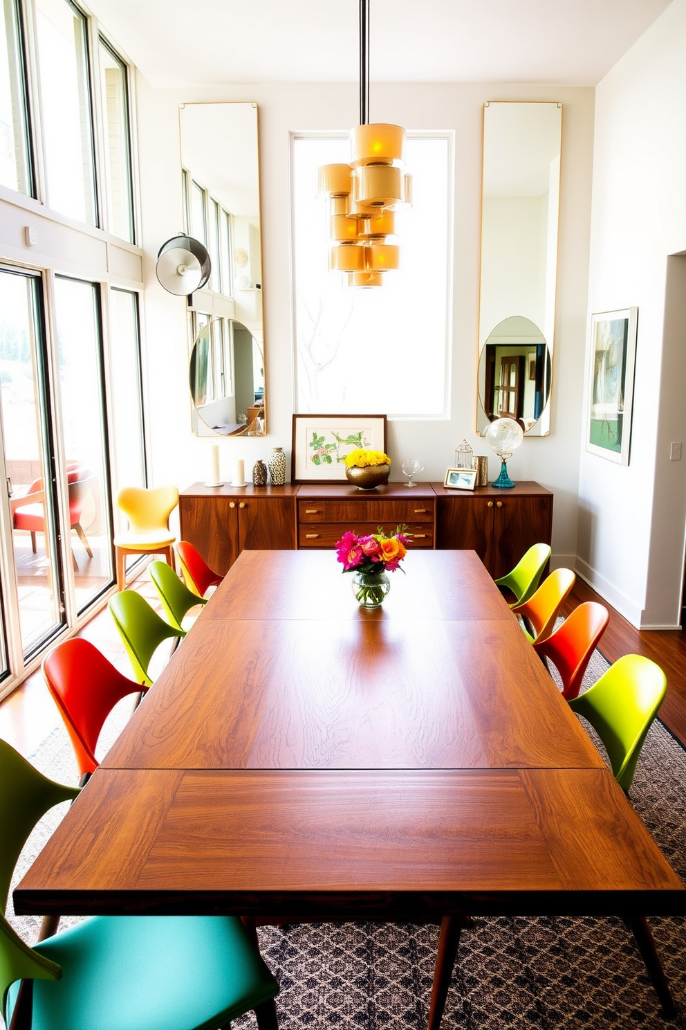 A Mid Century Modern dining room features a long wooden table surrounded by sleek, colorful chairs that embody the era's aesthetic. Large windows allow natural light to flood the space, while strategically placed mirrors on the walls reflect the light and create a sense of openness. The room is accented with a stylish sideboard made of rich walnut, topped with decorative items and a vibrant centerpiece. Warm lighting fixtures hang above the table, adding a cozy ambiance to the sophisticated design.