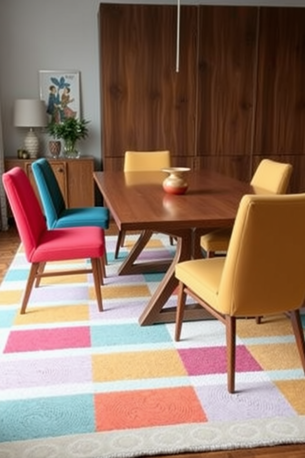 A Mid Century Modern dining room features a sleek wooden table surrounded by colorful upholstered chairs with clean lines. The floor is adorned with a geometric patterned rug that adds visual interest and ties the room together with its vibrant colors.