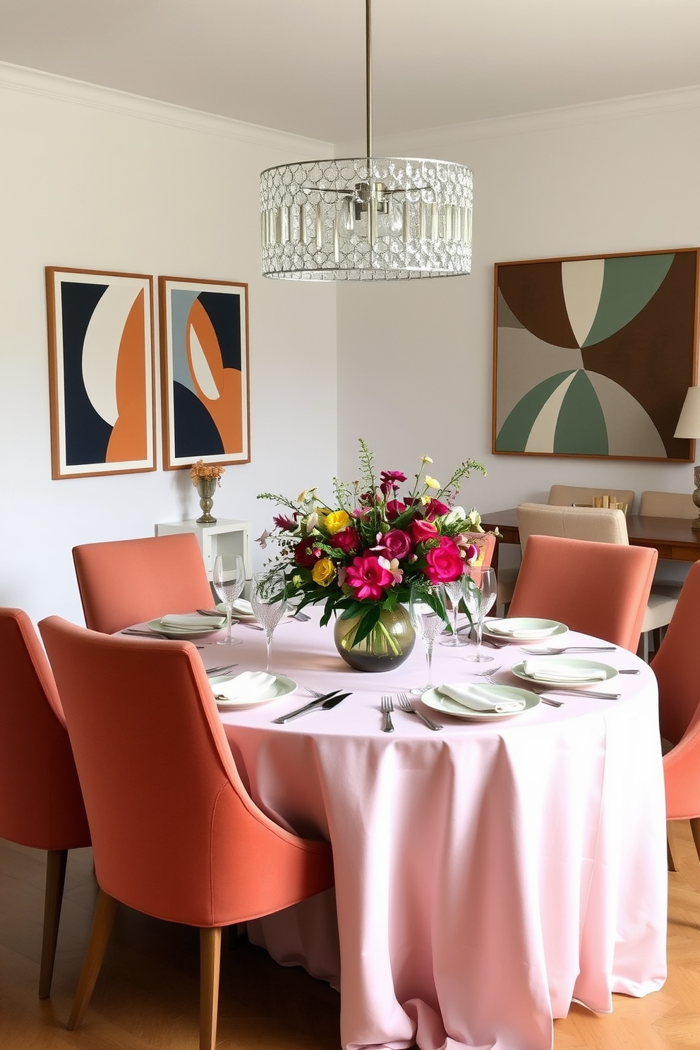 A Mid Century Modern dining room featuring a mix of various chair styles to create visual interest. The table is a sleek wooden design, surrounded by a combination of upholstered and wooden chairs in complementary colors.