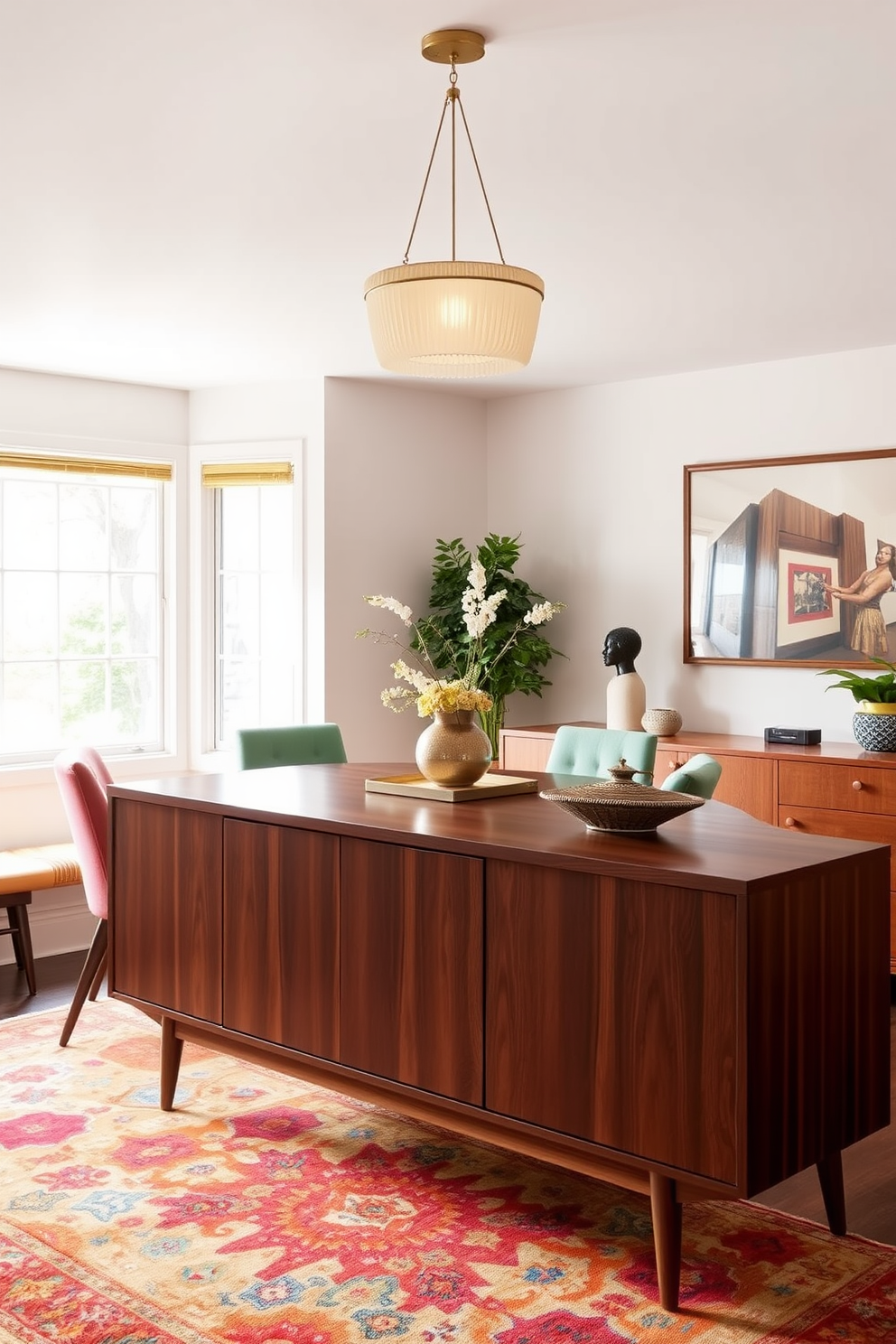 A functional sideboard made of rich walnut wood features sleek lines and ample storage space, providing both organization and style. It complements the overall aesthetic of a Mid Century Modern dining room, which showcases a round wooden table surrounded by colorful upholstered chairs. The dining room is illuminated by a statement pendant light that adds a touch of elegance, while large windows allow natural light to flood the space. A vibrant area rug anchors the room, tying together the warm tones of the furniture and creating an inviting atmosphere.