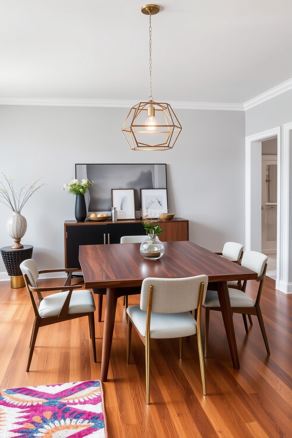 A minimalistic dining room featuring clean lines and a spacious layout. The room includes a sleek wooden dining table surrounded by simple upholstered chairs in muted tones. Large windows allow natural light to flood the space, highlighting the warm wood tones and subtle textures. A statement pendant light hangs above the table, adding a touch of elegance to the overall design.