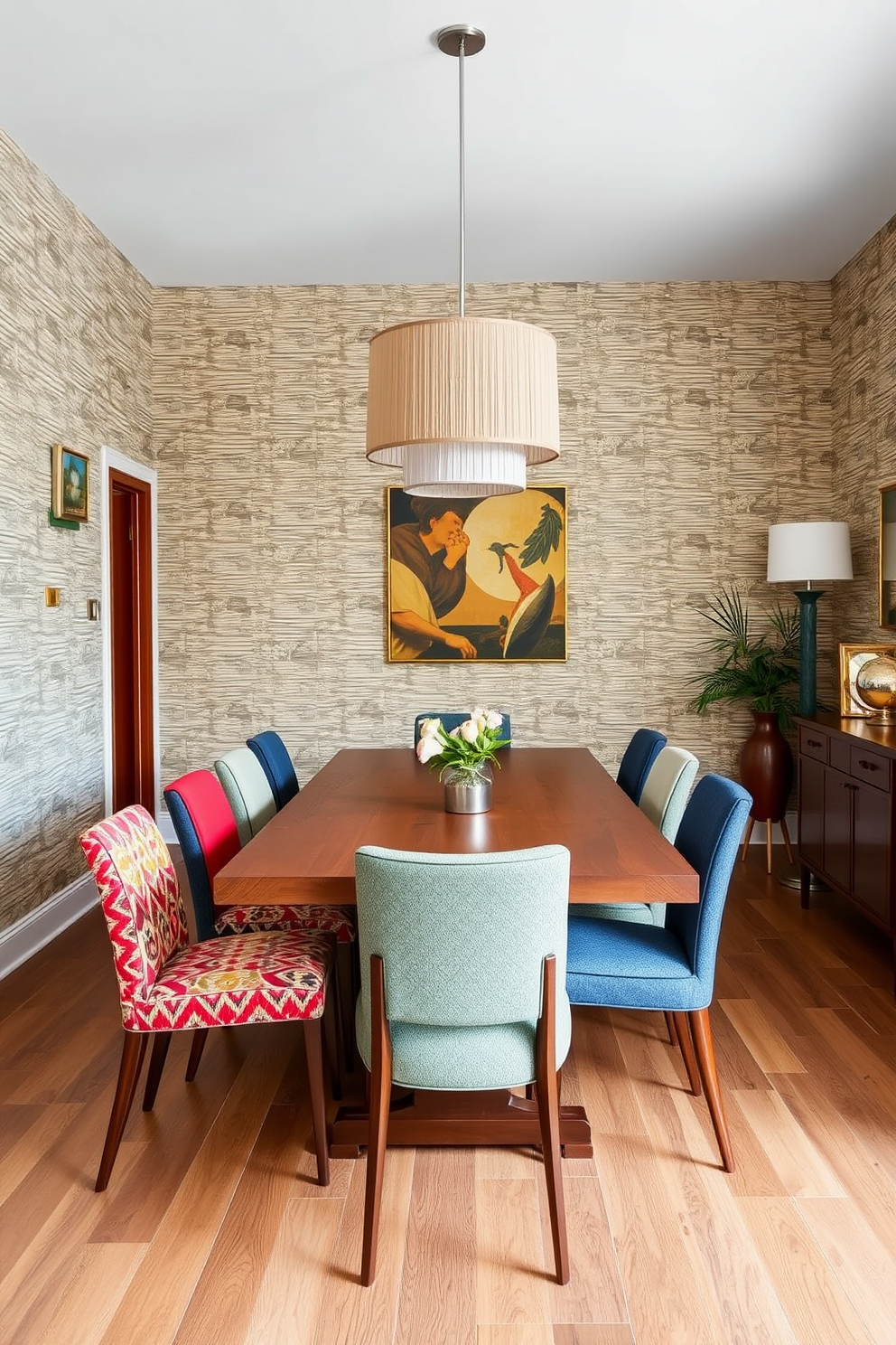 A Mid Century Modern dining room featuring textured wallpaper that adds depth and character to the space. The room includes a long wooden dining table surrounded by colorful upholstered chairs, with a statement light fixture hanging above.