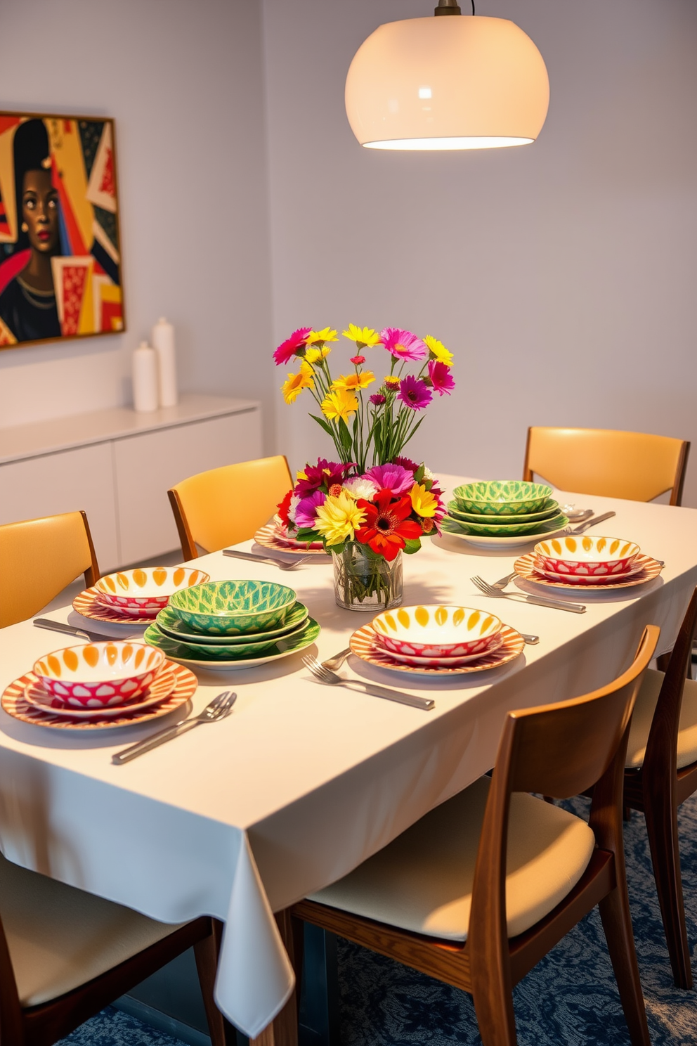 A bold dining table setting featuring vibrant patterned dishes that create an eye-catching display. The table is surrounded by sleek Mid Century Modern chairs with clean lines and rich wood finishes. The centerpiece is a striking arrangement of colorful flowers in a contemporary vase. Soft, ambient lighting casts a warm glow over the scene, enhancing the inviting atmosphere of the dining room.