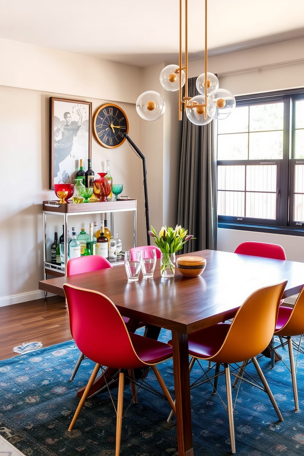 A stylish Mid Century Modern dining room features a vintage bar cart positioned elegantly in the corner. The cart is adorned with an array of colorful glassware and a selection of artisan spirits, adding a touch of charm to the space. The dining table, crafted from rich walnut wood, is surrounded by iconic Eames chairs in vibrant upholstery. Large windows allow natural light to flood the room, highlighting the warm tones and unique decor elements throughout.