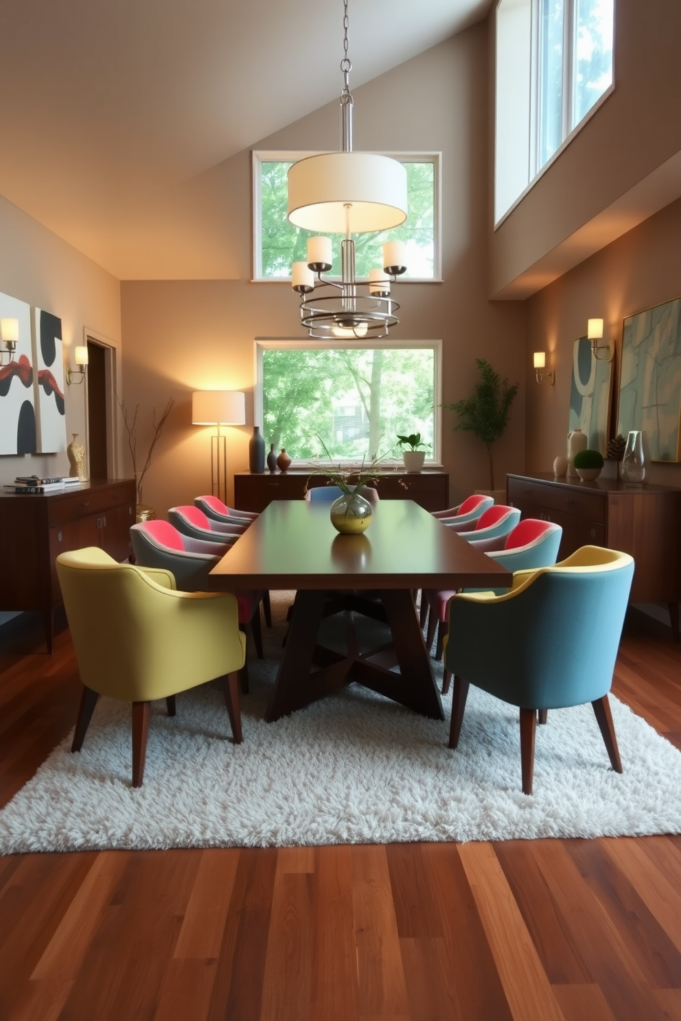 A Mid Century Modern dining room featuring a sleek wooden dining table surrounded by colorful upholstered chairs. The room is illuminated by a combination of pendant lights and wall sconces, creating a warm and inviting atmosphere. The walls are adorned with abstract art, and a large window allows natural light to flood the space. A stylish sideboard showcases decorative items, while a plush area rug anchors the seating arrangement.