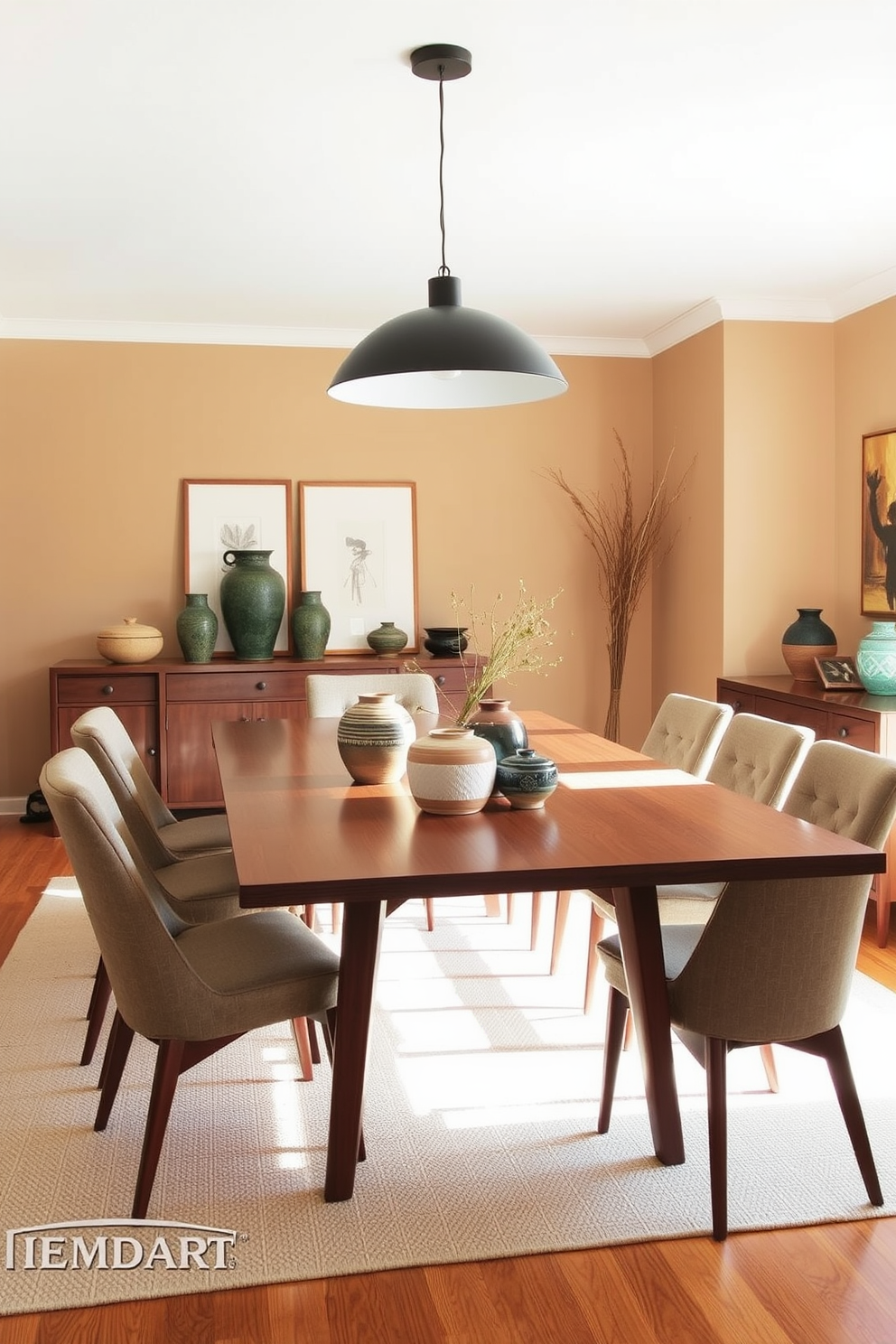 A Mid Century Modern dining room features a sleek wooden table surrounded by upholstered chairs with tapered legs. Artisan pottery pieces are displayed on the table and sideboard, adding a touch of texture and color to the space. The walls are painted in a warm neutral tone, enhancing the natural light that floods the room. A statement pendant light hangs above the table, creating an inviting atmosphere for gatherings.