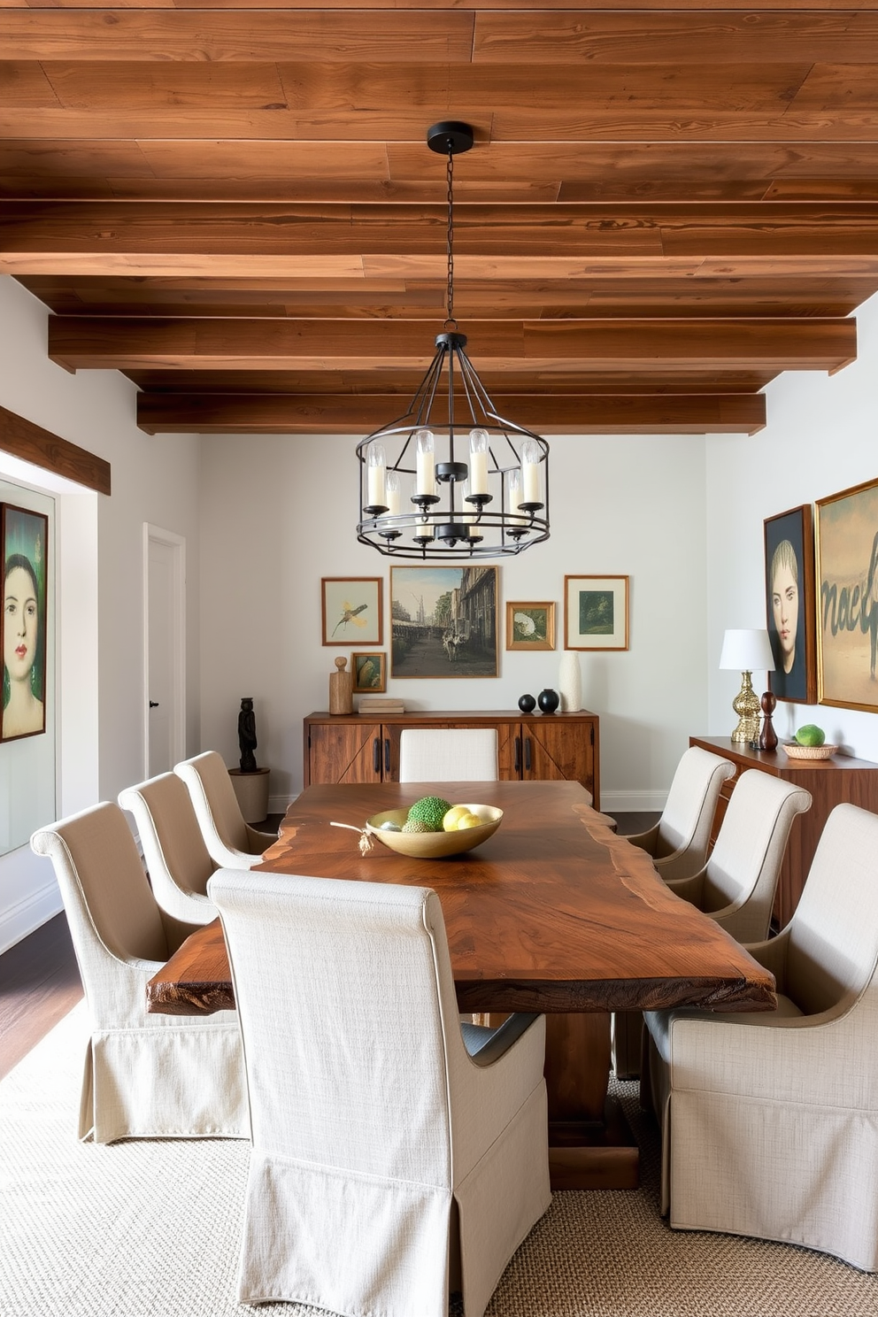 A cozy dining room featuring a large wooden table with a live edge surrounded by upholstered chairs in a neutral fabric. The walls are adorned with vintage art pieces, and a statement chandelier with a modern design hangs above the table. The room incorporates a combination of rustic wood beams on the ceiling and sleek metal accents throughout. A sideboard made of reclaimed wood complements the space, providing both functionality and style.