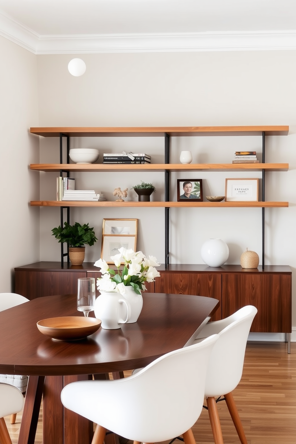 A Mid Century Modern dining room features floating shelves that provide a clean and minimalist aesthetic. The shelves are adorned with carefully curated decor, enhancing the room's stylish simplicity.