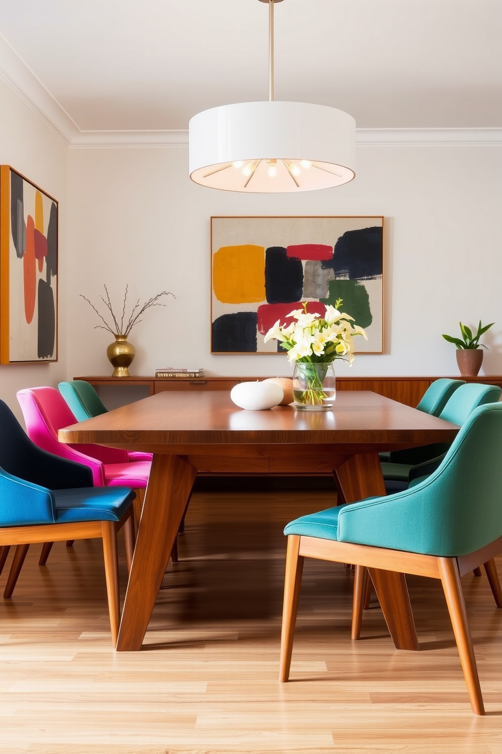 A vintage dining table is the centerpiece of the room, surrounded by colorful upholstered chairs that add a playful touch. The walls are adorned with abstract art, and a stylish chandelier hangs above, casting a warm glow over the space. The room features a large window that lets in natural light, enhancing the vibrant colors of the chairs. A patterned rug under the table ties the design together, creating a cozy atmosphere for dining and entertaining.