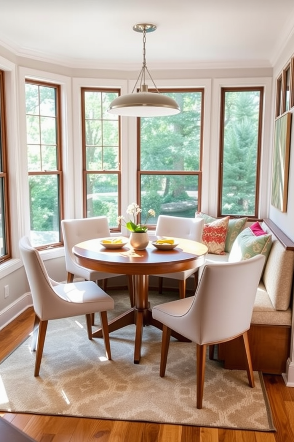 A cozy dining nook features a round wooden table surrounded by upholstered chairs in soft pastel colors. Large windows allow natural light to flood the space, highlighting the warm wood tones and the unique geometric patterns of the area rug. On one side, a built-in bench with plush cushions offers additional seating, adorned with colorful throw pillows for added comfort. The walls are painted in a light neutral tone, complementing the sleek lines of the Mid Century Modern light fixture hanging above the table.