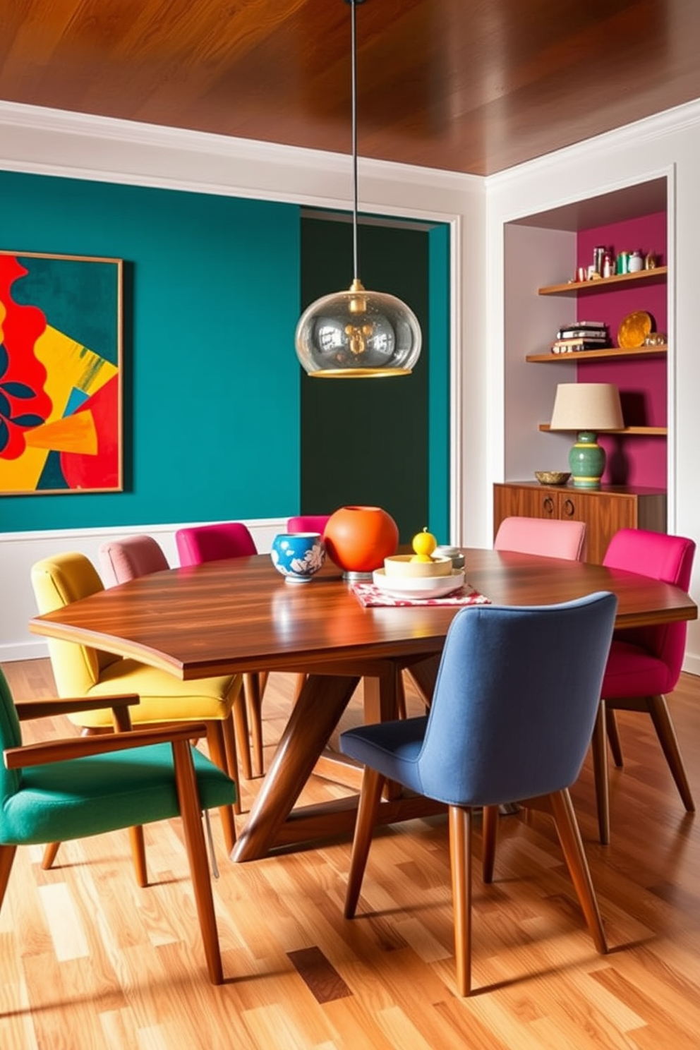 A Mid Century Modern dining room featuring a sleek wooden dining table surrounded by colorful upholstered chairs. Bold color pops are evident in the artwork on the walls and the decorative elements on the table, creating a vibrant and inviting atmosphere.