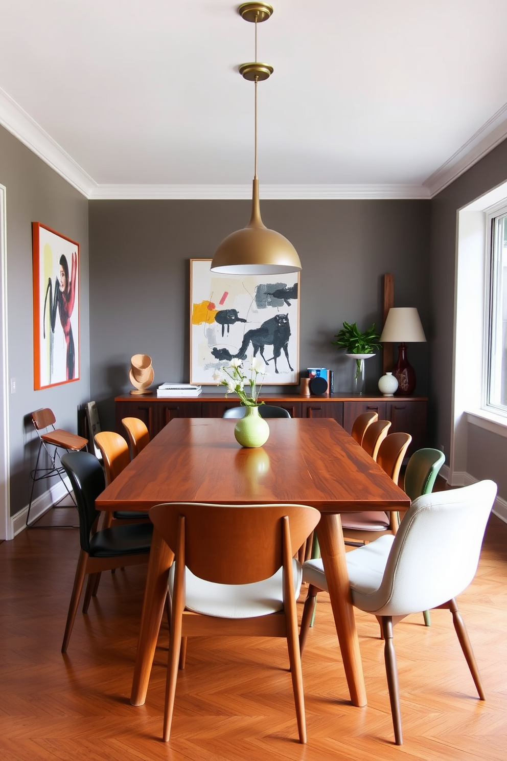 A Mid Century Modern dining room features a sleek wooden dining table surrounded by a mix of vintage and contemporary chairs. The walls are adorned with abstract art, and a stylish pendant light hangs above the table, creating an inviting atmosphere.