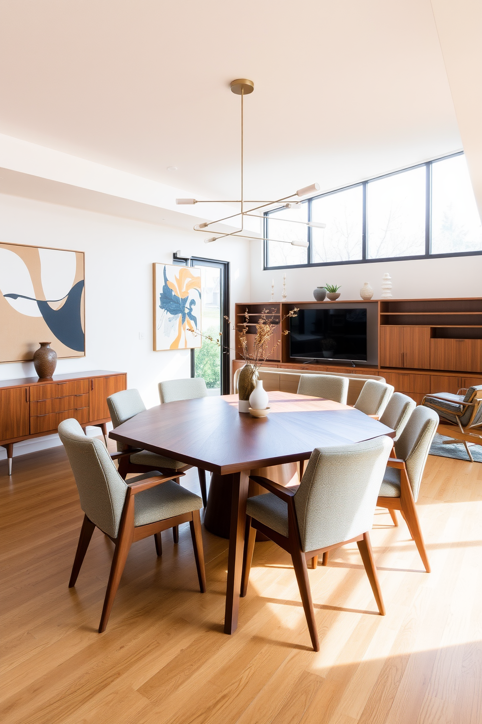 A Mid Century Modern dining room features a large wooden table with tapered legs surrounded by colorful upholstered chairs. The space is anchored by a textured area rug that adds warmth and comfort, complemented by a statement pendant light hanging above the table.