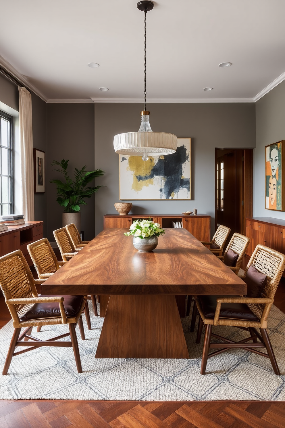 A Mid Century Modern dining room featuring a large wooden table surrounded by rattan chairs with leather cushions. The walls are adorned with abstract art, and a statement pendant light hangs above the table, creating a warm and inviting atmosphere.