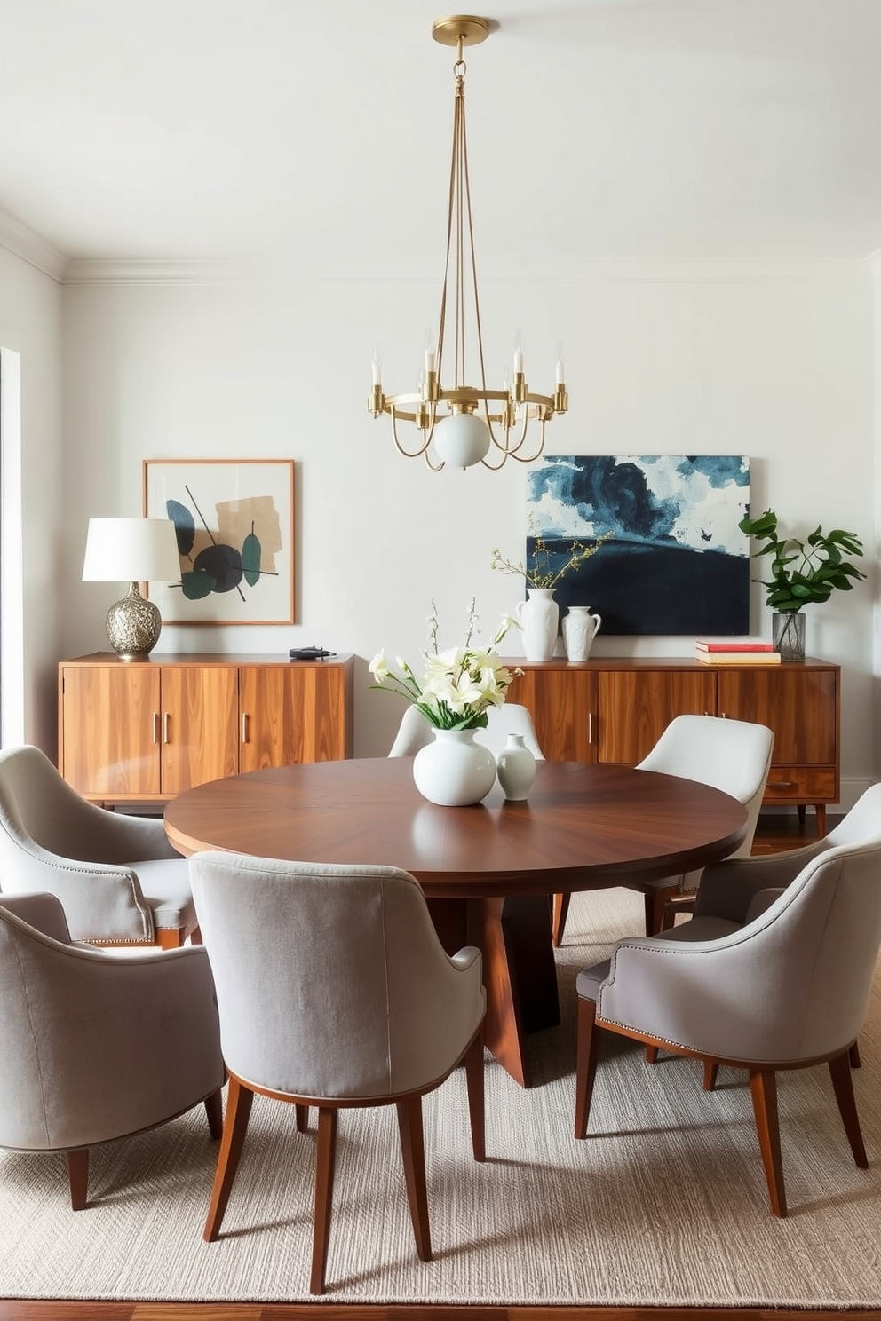 An eclectic dining room showcases a harmonious blend of vintage decor pieces that tell a story. The centerpiece is a stunning Mid Century Modern dining table surrounded by mismatched chairs, each with unique patterns and colors. Soft lighting from a retro chandelier casts a warm glow over the space. A gallery wall filled with framed art and photographs adds character and depth to the room.