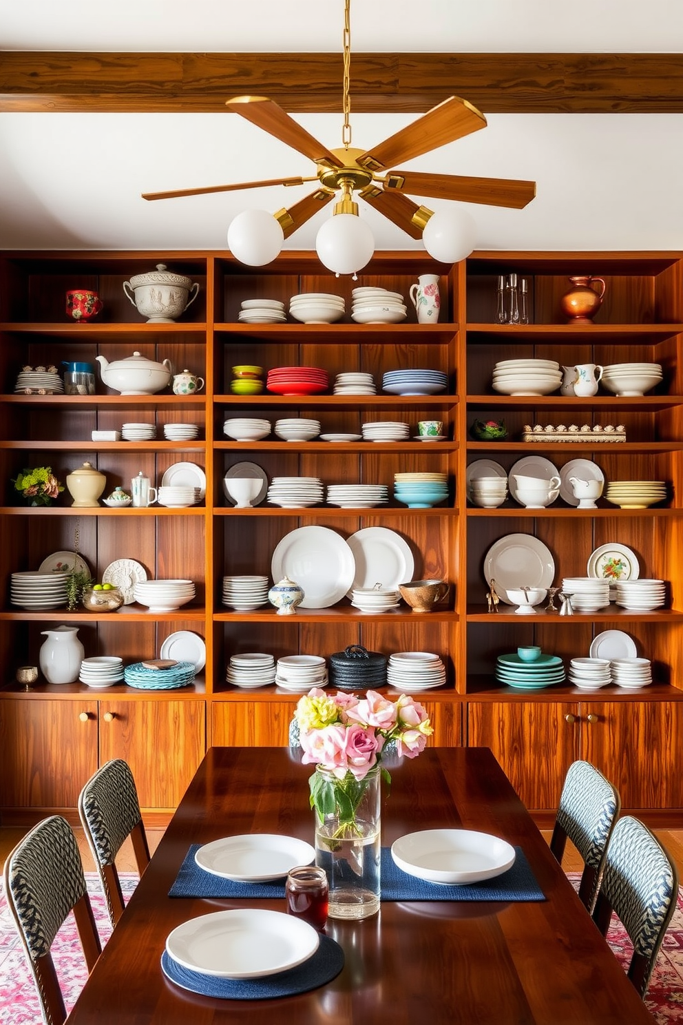 A Mid Century Modern dining room features open shelving that artfully displays an array of dishware and decorative items. The warm wood tones of the shelves contrast beautifully with the vibrant colors of the dishware, creating an inviting and stylish atmosphere.